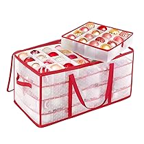 SONGMICS Contenitore per Palline di Natale, Scatola per Decorazioni Natalizie, 128 Posti, Divisori Componibili, 67 x 34 x 34 cm,Semitrasparente e Rosso RFB029T01