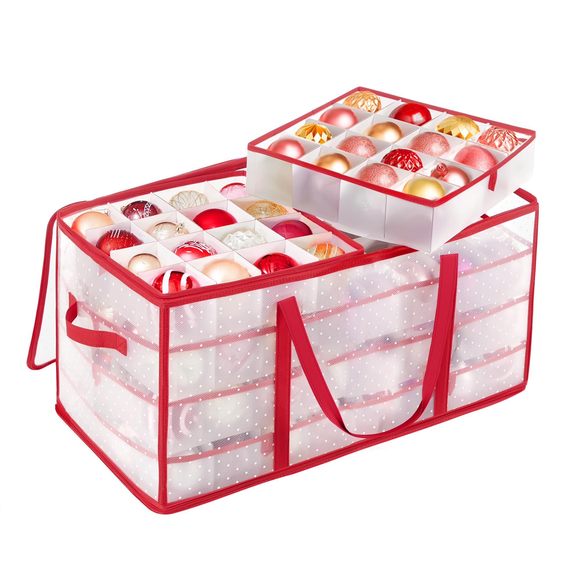 SONGMICS Contenitore per Palline di Natale, Scatola per Decorazioni Natalizie, 128 Posti, Divisori Componibili, 67 x 34 x 34 cm,Semitrasparente e Rosso RFB029T01
