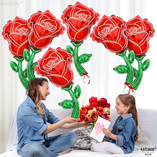 Miniatura 4 de KatchOn, Globos gigantes de rosas rojas  37 pulgadas, paquete de 6  Globos de papel aluminio rosa, decoraciones del día de la madre, globo de flores