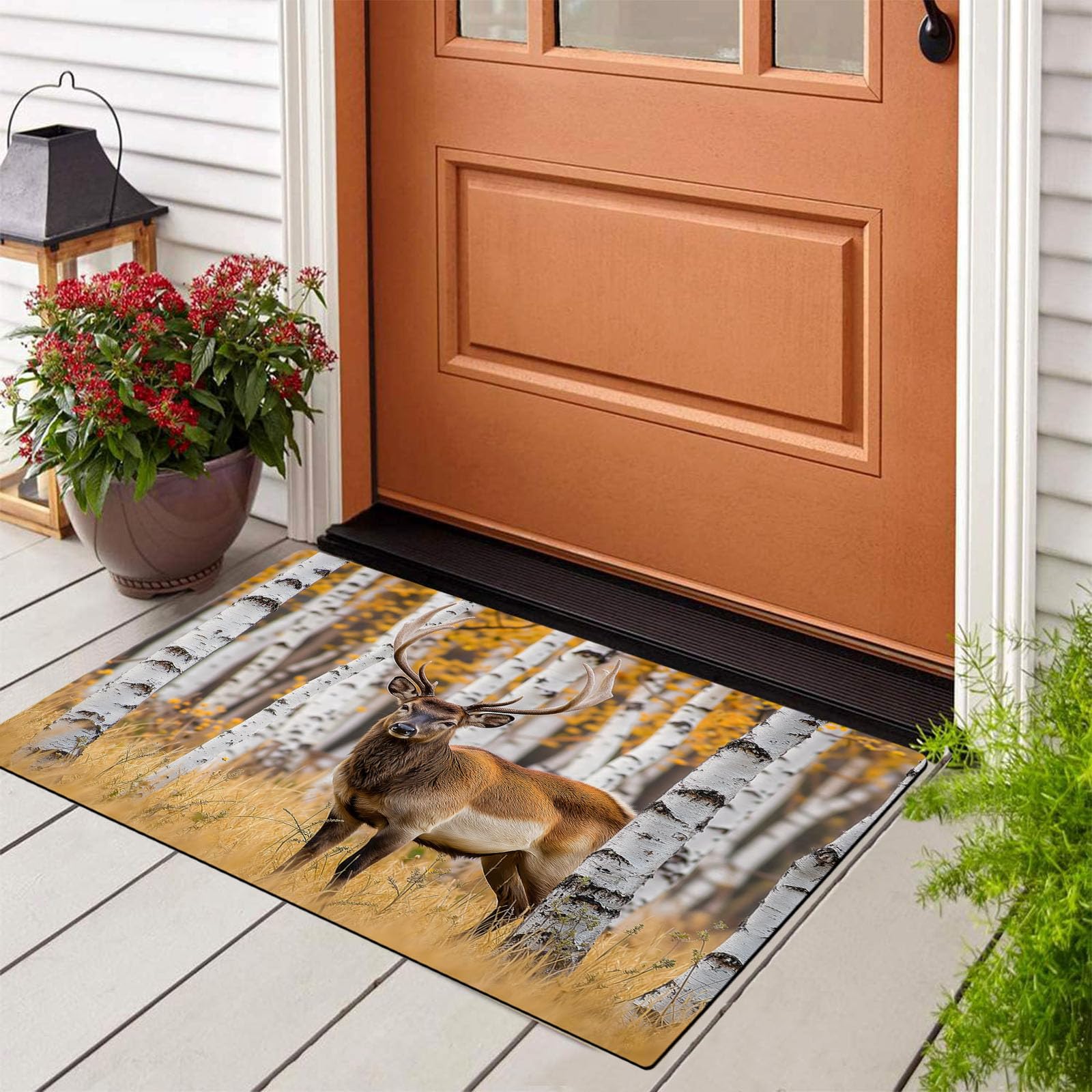 Felpudo Renos Hierba Bosque Abedules Lavable, Alfombra Pequeña Animales Otoño De 90X150Cm, Tapetes De Puerta Suaves Para Entrada, Alfombras De Entrada Antideslizantes Amarillo-Marrón De Pelo Bajo