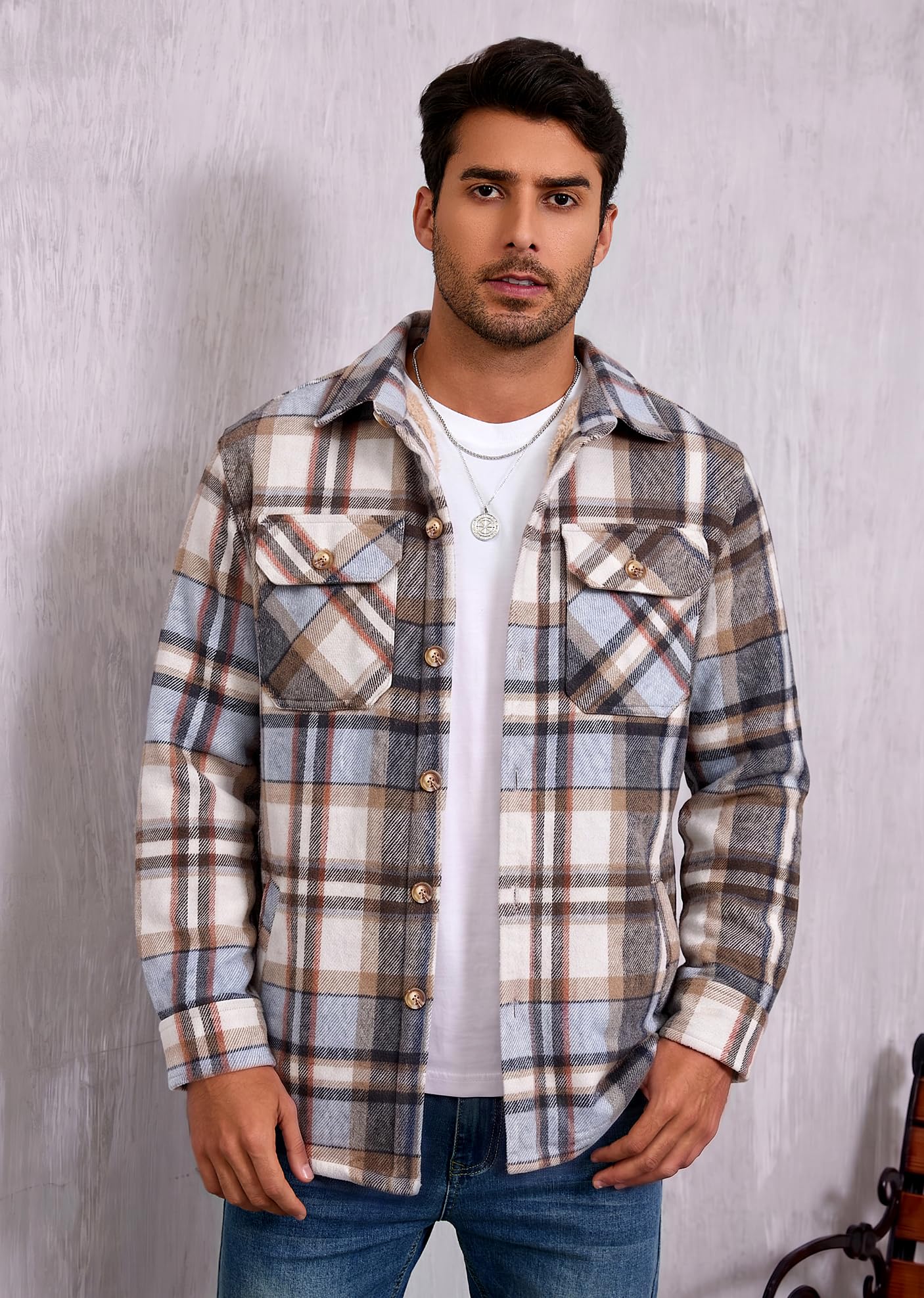 WINDFIT Flanell-Hemdjacke für Herren, Baumwolle, Sherpa-Futter, Knopfleiste, kariert, weich, Outdoor-Flanelljacke