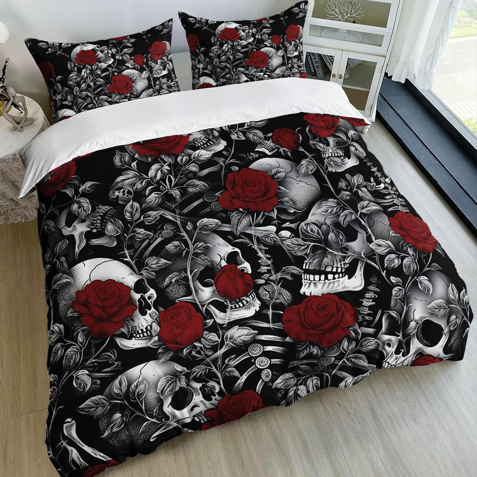 AILONEN Skull Duvet Cover Set Queen Size, Red Rose Leaf Skull Print Bedding Set for Boys Teens,Horror Theme Comforter Cover 3Pcs for Bedroom Decor,1 Qulit Cover and 2 Pillowcases,Soft