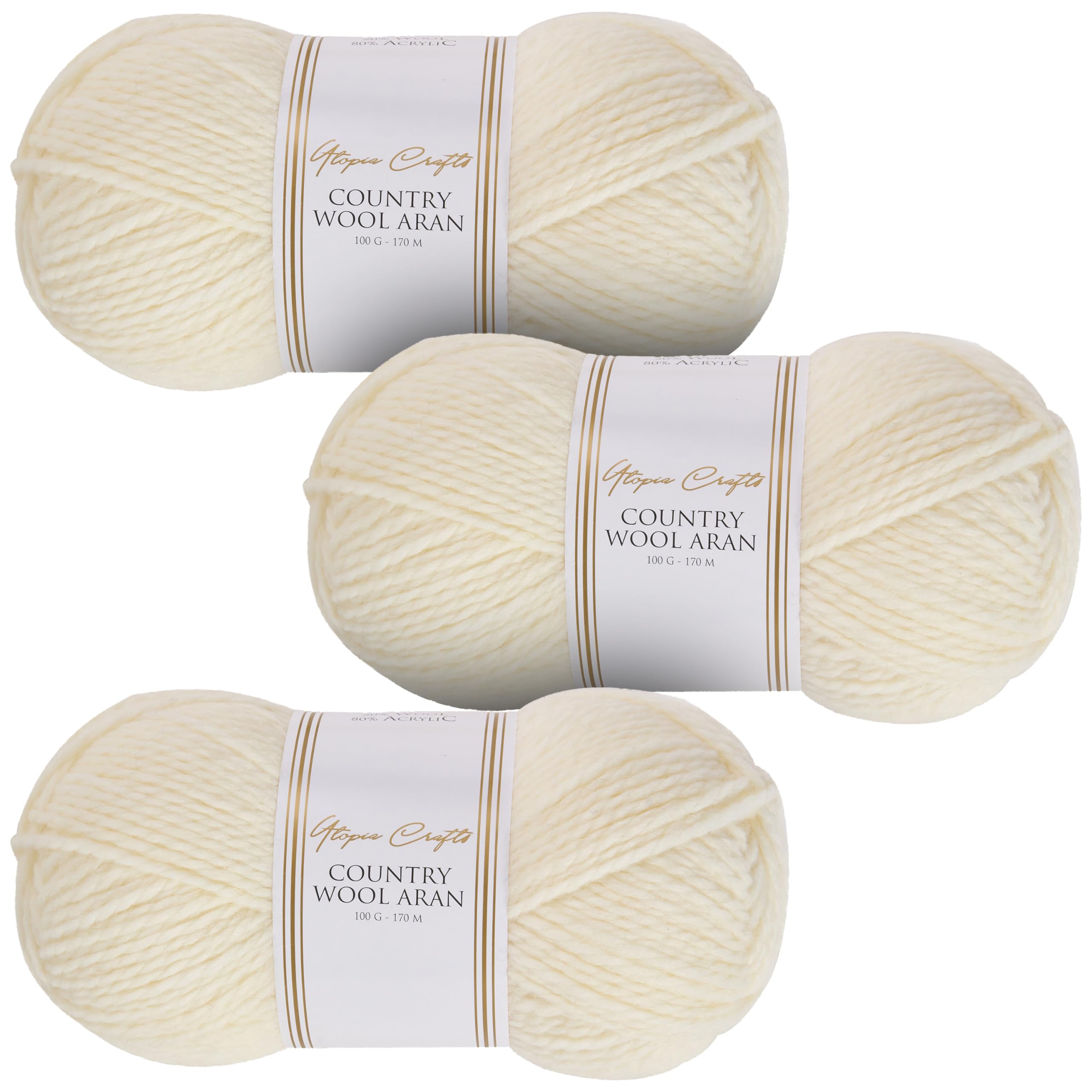 Utopia Crafts Country Wool Blend Aran Yarn for Knitting and Crochet 3X 100g (Ivory Cream)