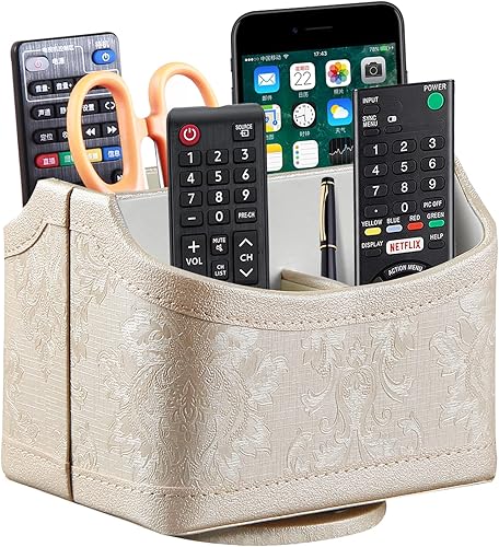 Miniatura 1 de PUSU Soporte de control remoto giratorio de 360, soporte remoto de TV de piel sintética para mesa, organizador de suministros de arte brillante y
