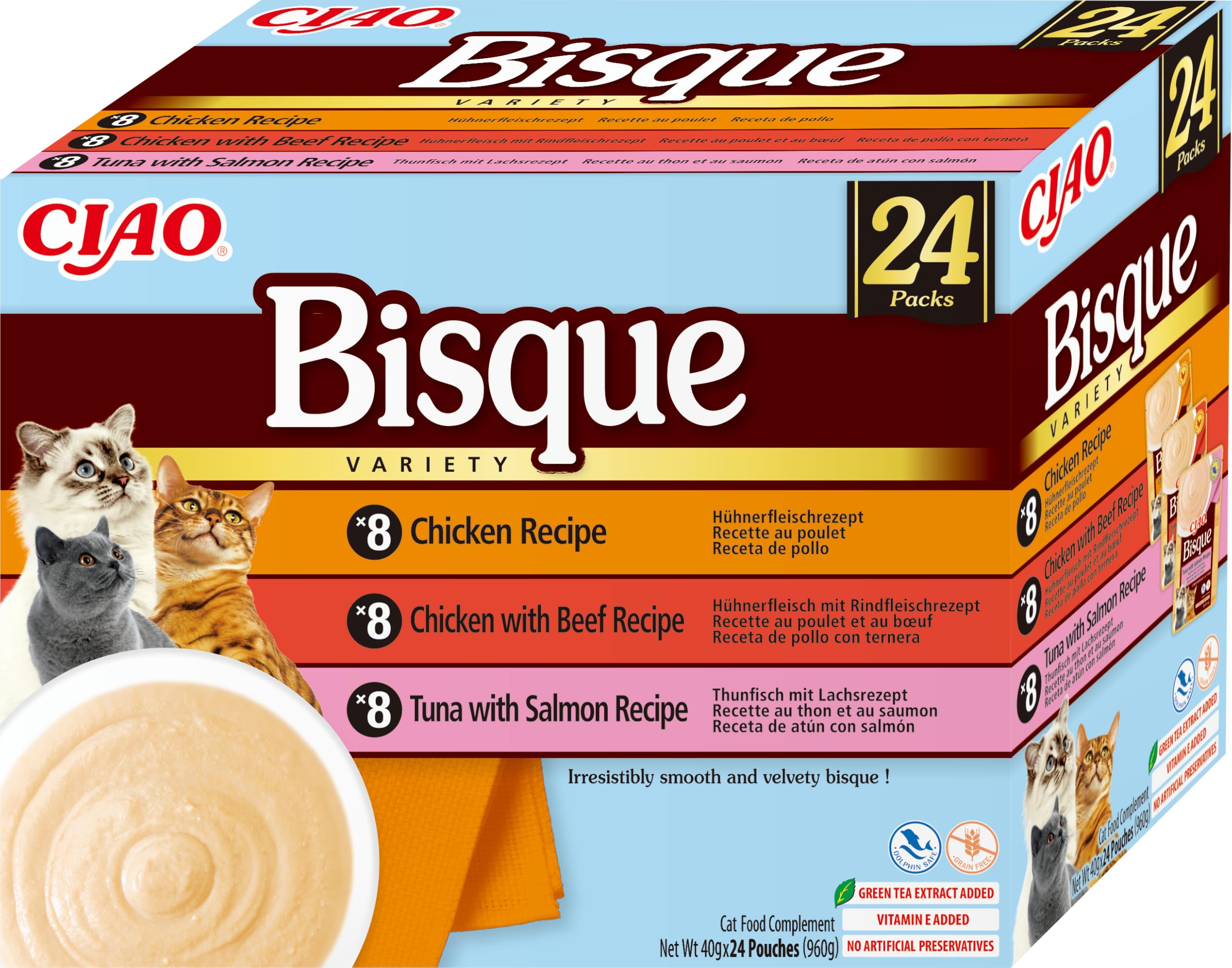 INABA Ciao Bisque Gatos - Receta Saludable de Crema de Pollo y Atún con Salmón - Comida Húmeda - Alimento Complementario Natural, sin Cereales, sin Conservantes ni Colorantes - 960g (24 Sobres x 40g)