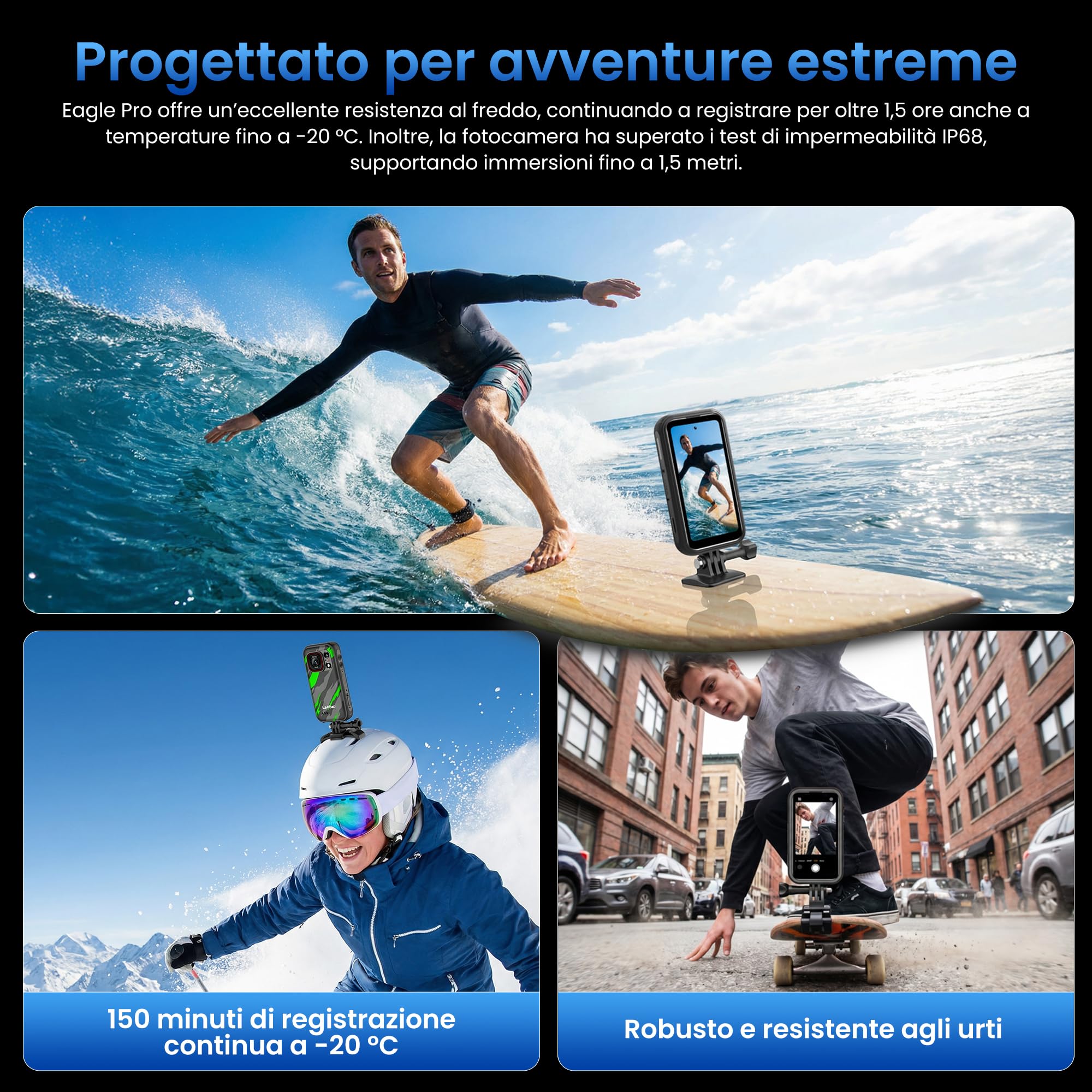 Eagle Pro Mini 5G Smartphone Rugged con Action Camera 4K, Android 16, 32GB+256GB/1TB, Grandangolo 152,6°, Batteria 4,5 Ore, Stabilizzazione, Display 4,0", Dual SIM 5G, NFC, IP69K, Verde