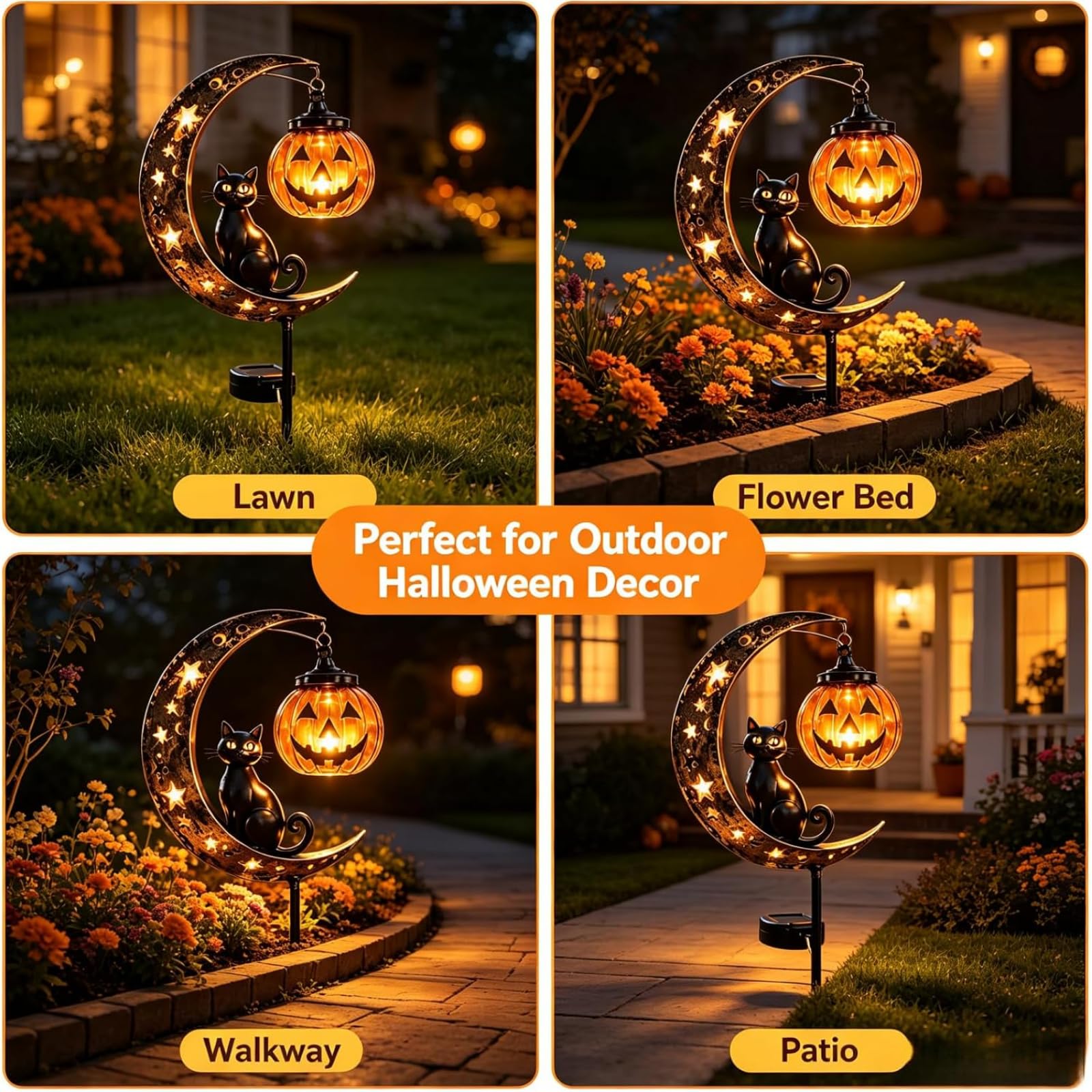 Lampada Solare da Giardino a Forma di Gatto Nero per Halloween, da Appendere a Forma di Zucca o Luna | Lampada da Giardino a Forma di Zucca e Luna, in Metallo Resistente alle intem