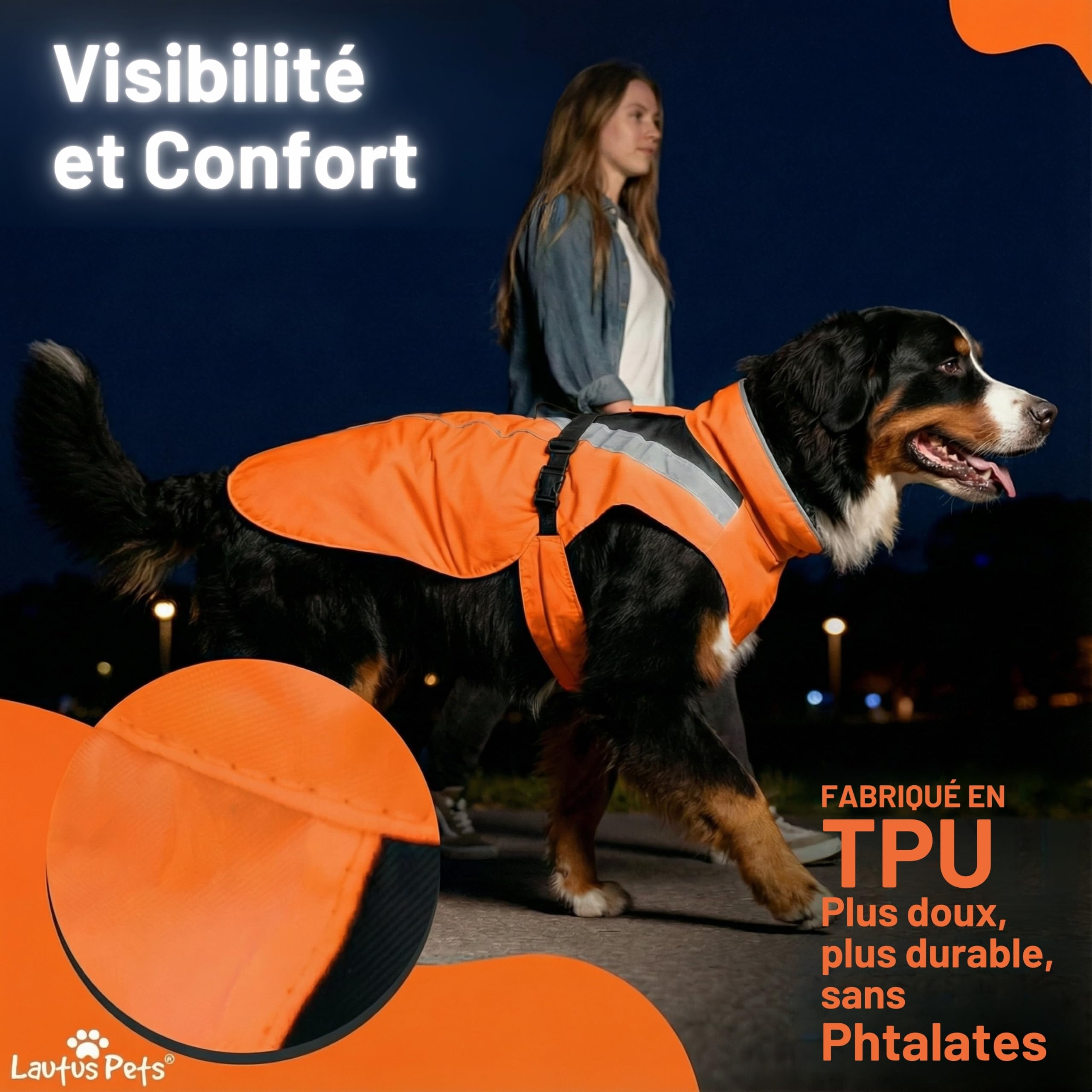 Manteau de Pluie imperméable pour Chien, Bandes réfléchissantes et Ouverture pour Laisse – Veste légère pour Chiens Moyens - XL, Orange