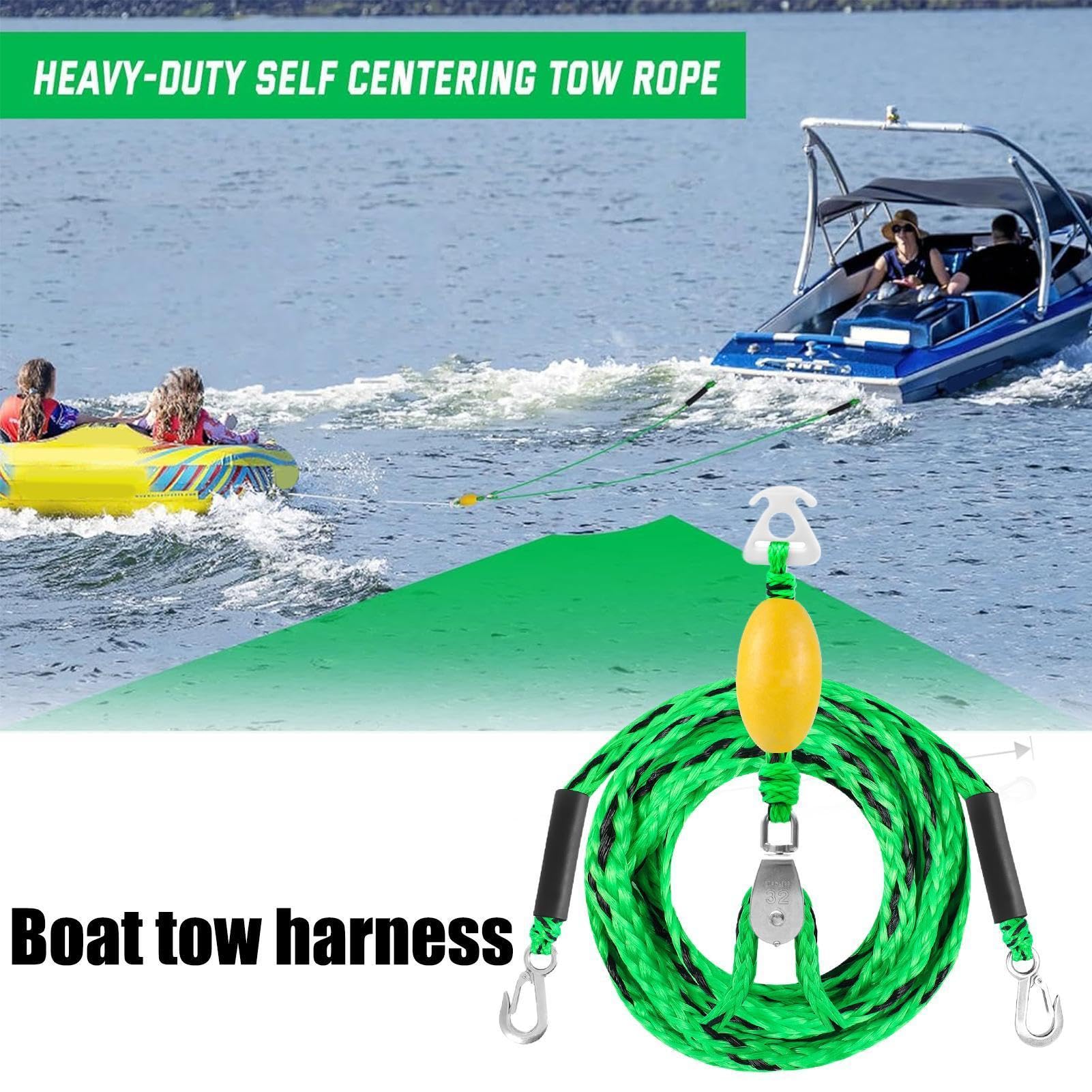 Cuerda de remolque de barco para tubos, cable de remolque para hasta 4 usuarios, con gancho y polea giratoria de 360 grados, cuerda de remolque de esquí, para barra de pontón, kayak, surf, río