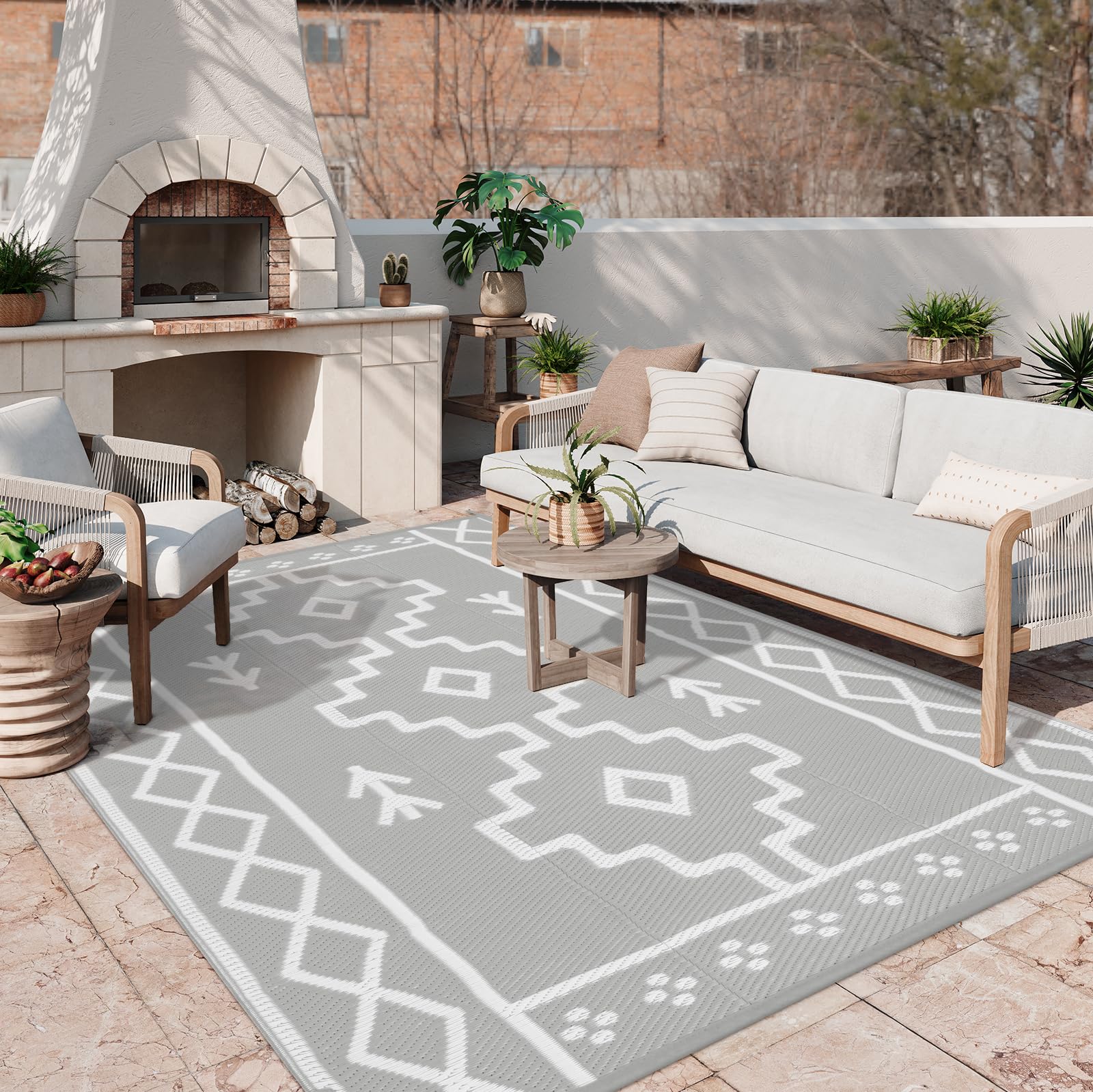 Uphome Outdoor Rugs 8x10 Waterproof, Reversible Gray Boho RV Camping ...