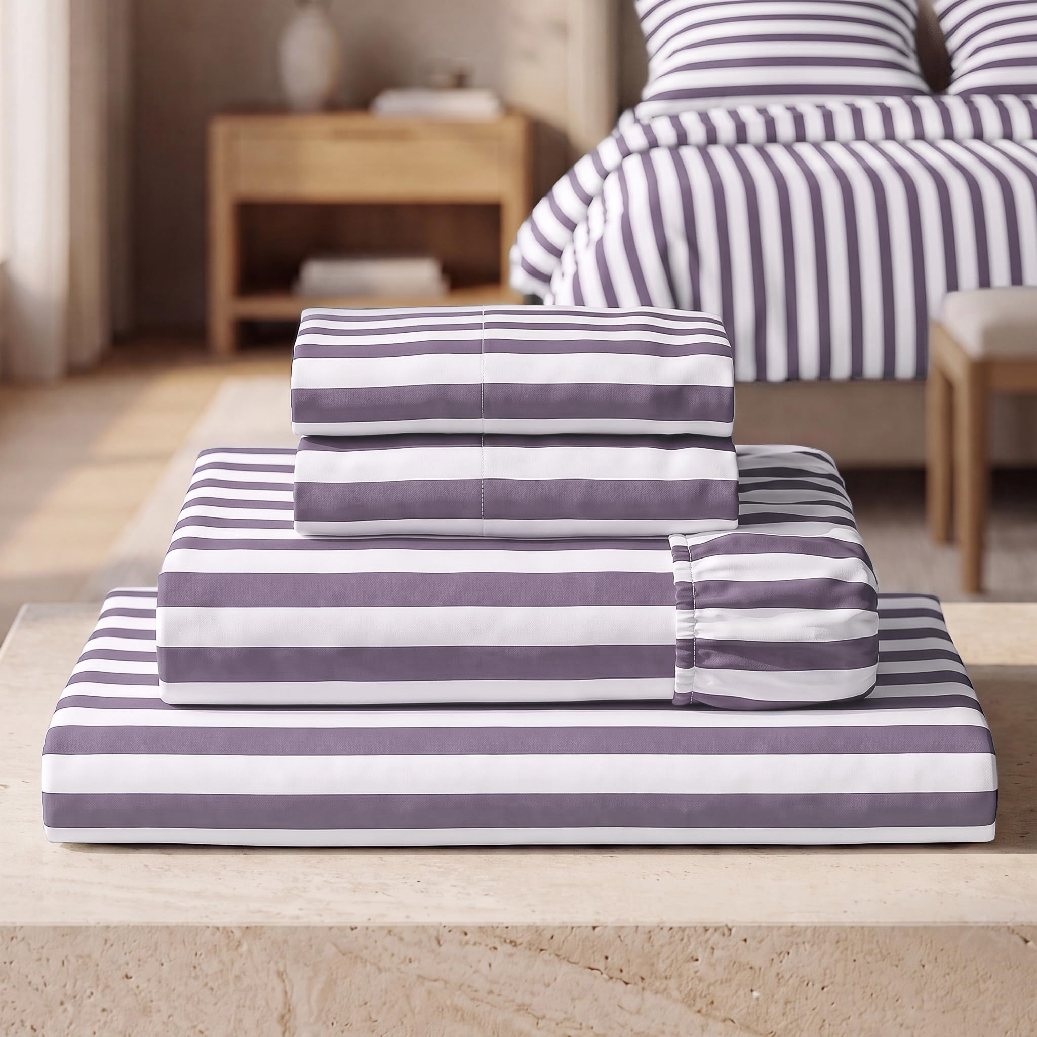 Mellanni Iconic 4-PC, Ultra Soft Sheet Set (King, Oxford Stripe Hazy Lilac)