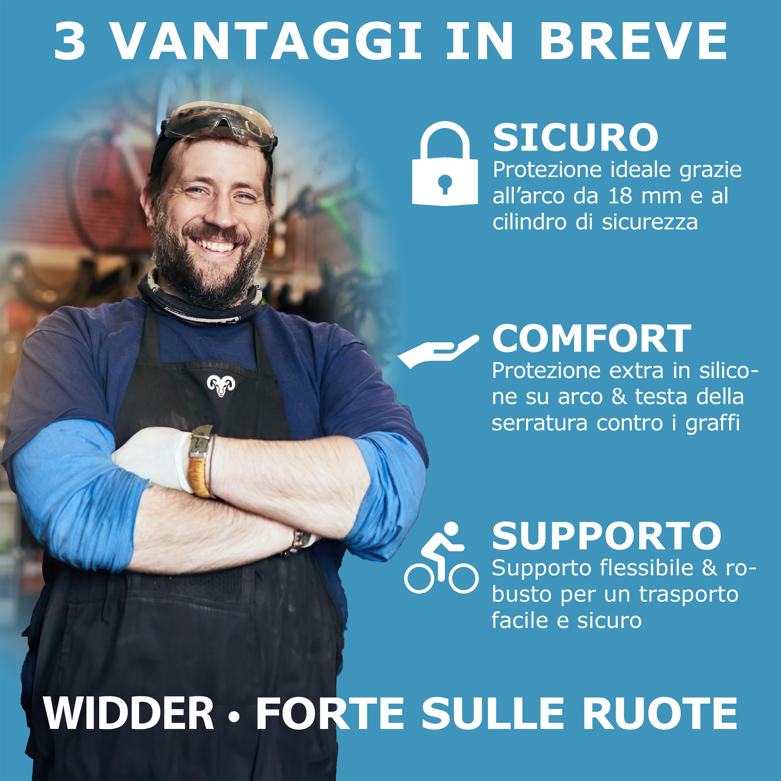 WIDDER Antifurto ad arco bici estremamente sicuro [Acciaio cromato Livello di sicurezza 15] Arco massiccio 18 mm, Lucchetto 64 cm circonferenza con Supporto & 3 chiavi, Antifurto e‑Bike & e‑Scooter