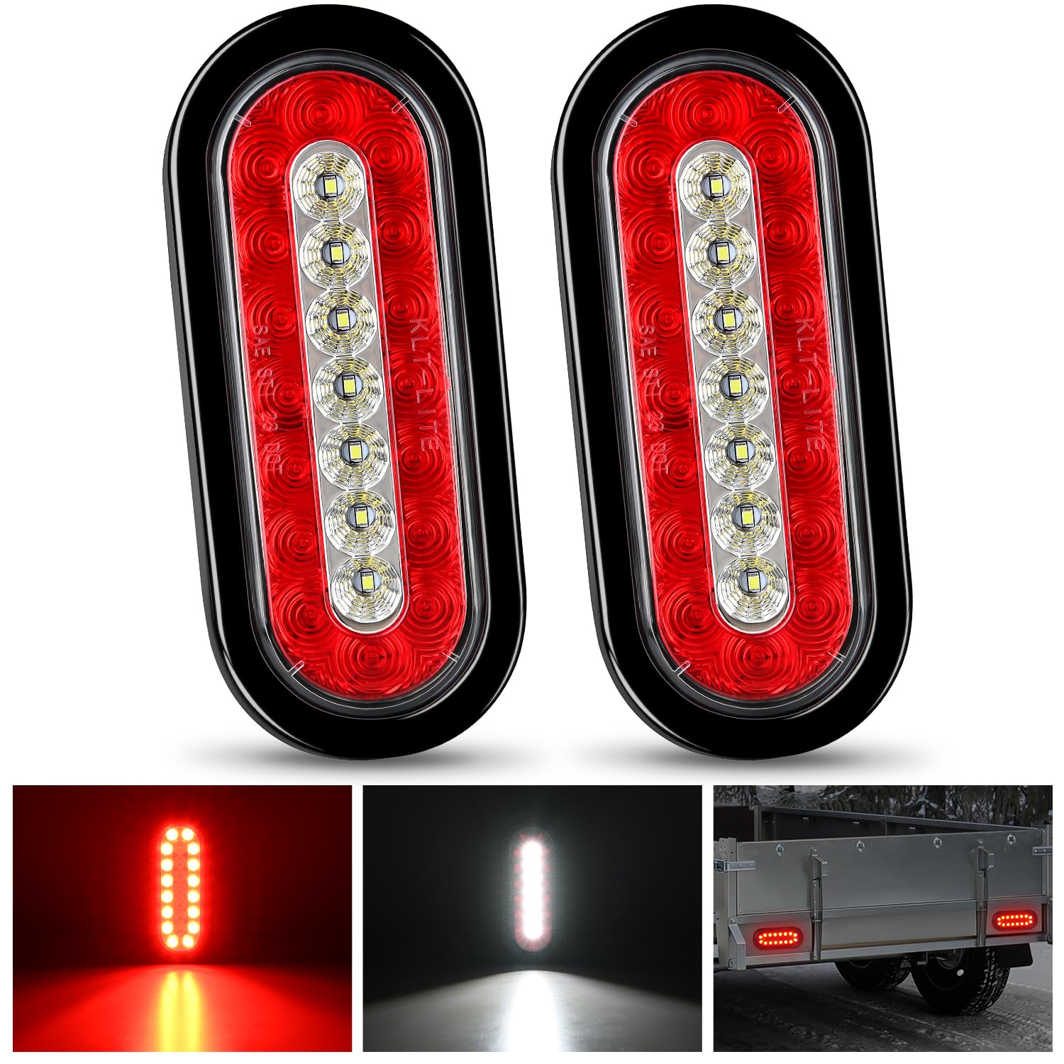 Nilight 2PCS 6Inch Oval LED Trailer Tail Lights Red White 23LEDs w Flush Surface Mount Grommets IP67 Waterproof