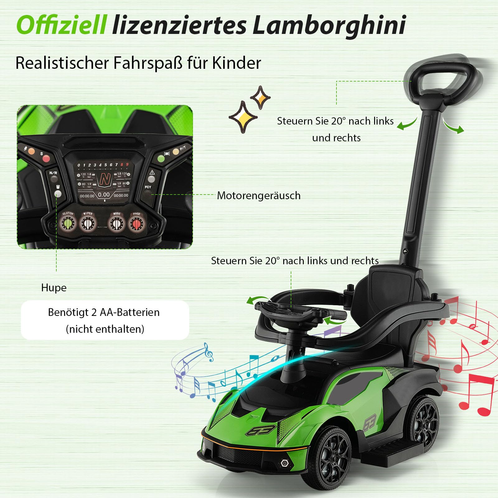 COSTWAY Rutschauto Lamborghini, Rutschfahrzeug mit Schiebstange & Stauraum, Schiebeauto mit Lenkrad & Hupe & Motorsound, 3-in-1 Rutscher Auto für Kinder ab 1 Jahr (Grün)