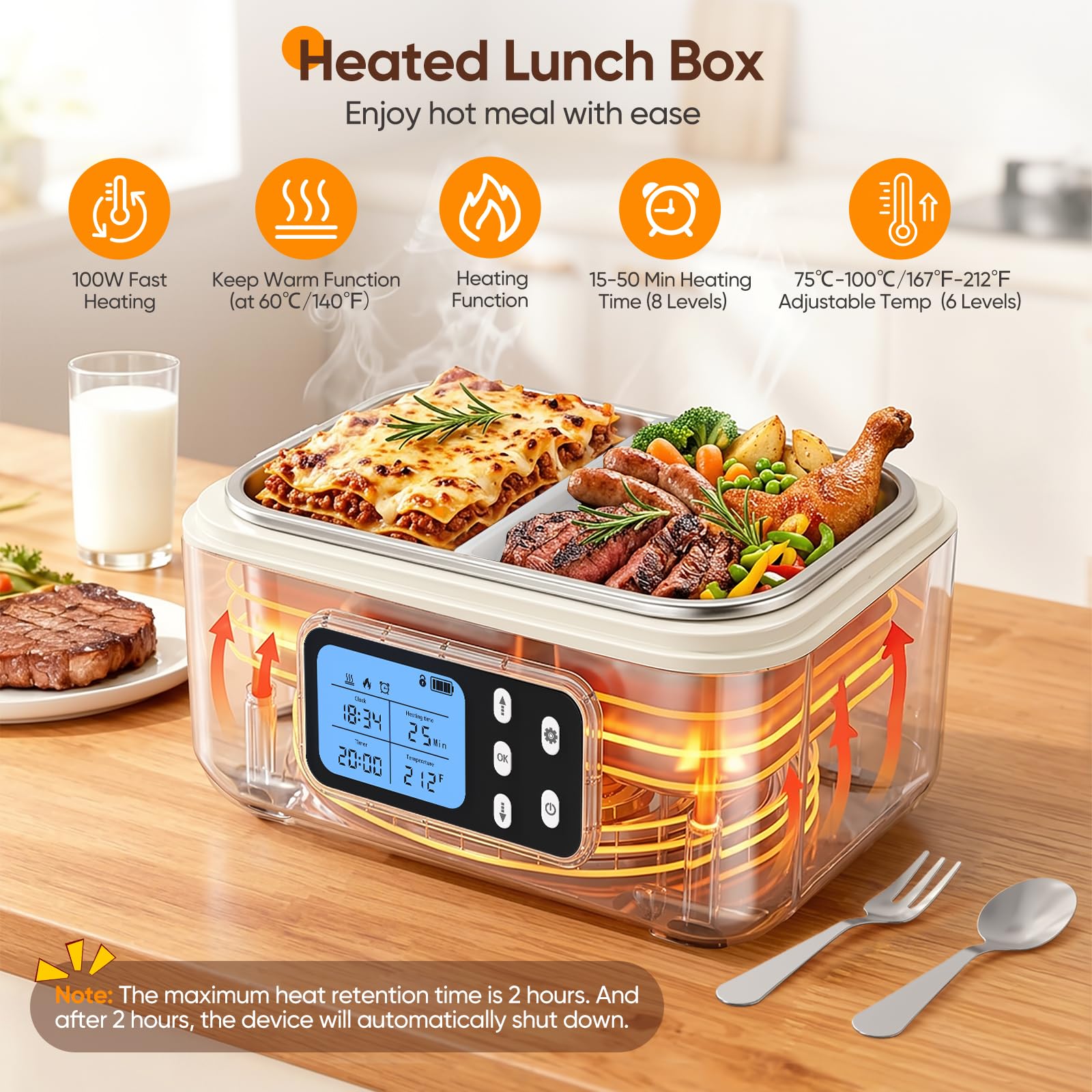 Pranzo Box Riscaldante, 1,5L Porta Pranzo Riscaldabile con Display LCD e Timer, Scalda Vivande Portatile Elettrico con Stoviglie in Acciaio Inossidabile e Borsa Termica per Auto Ufficio