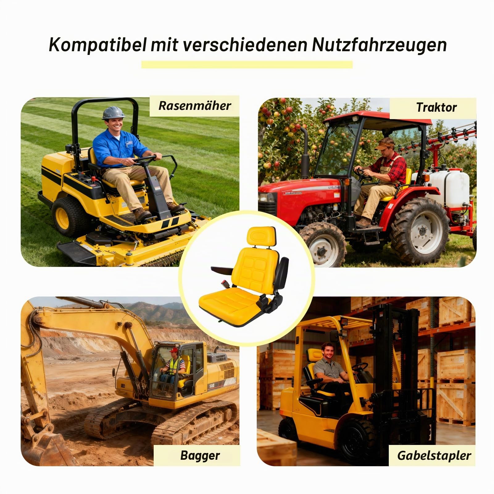 Universaler Traktorsitz mit verstellbarer Rückenlehne und Kopfstütze, gelber Gabelstaplersitz mit Armlehne und Sicherheitsgurt