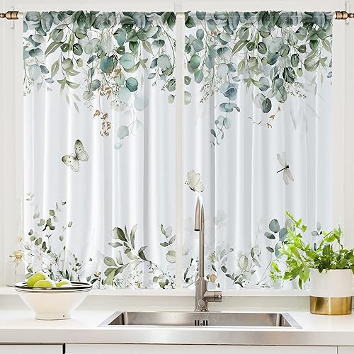 Miniatura 2 de Hilioens Cortinas de cocina con hojas de eucalipto verde salvia, acuarela, primavera, botánica, floral, para baño, cortinas bohemias para