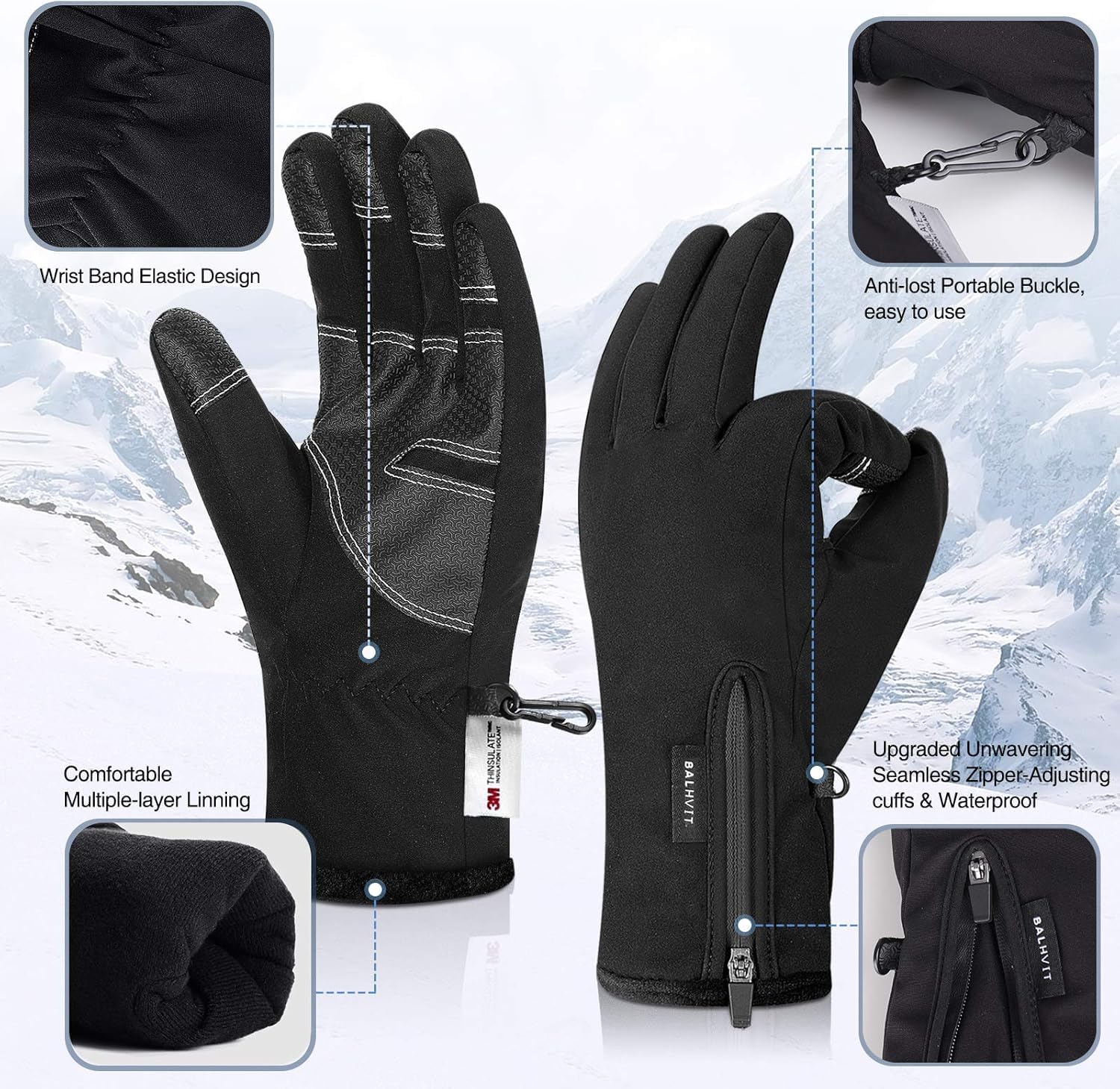 -10℉ Waterproof Winter Gloves for Men & Women, 5-Layer Ski & Snow Gloves for Cold Weather, Breathable Warm Gloves with Touch Screen Fingers - Image 5