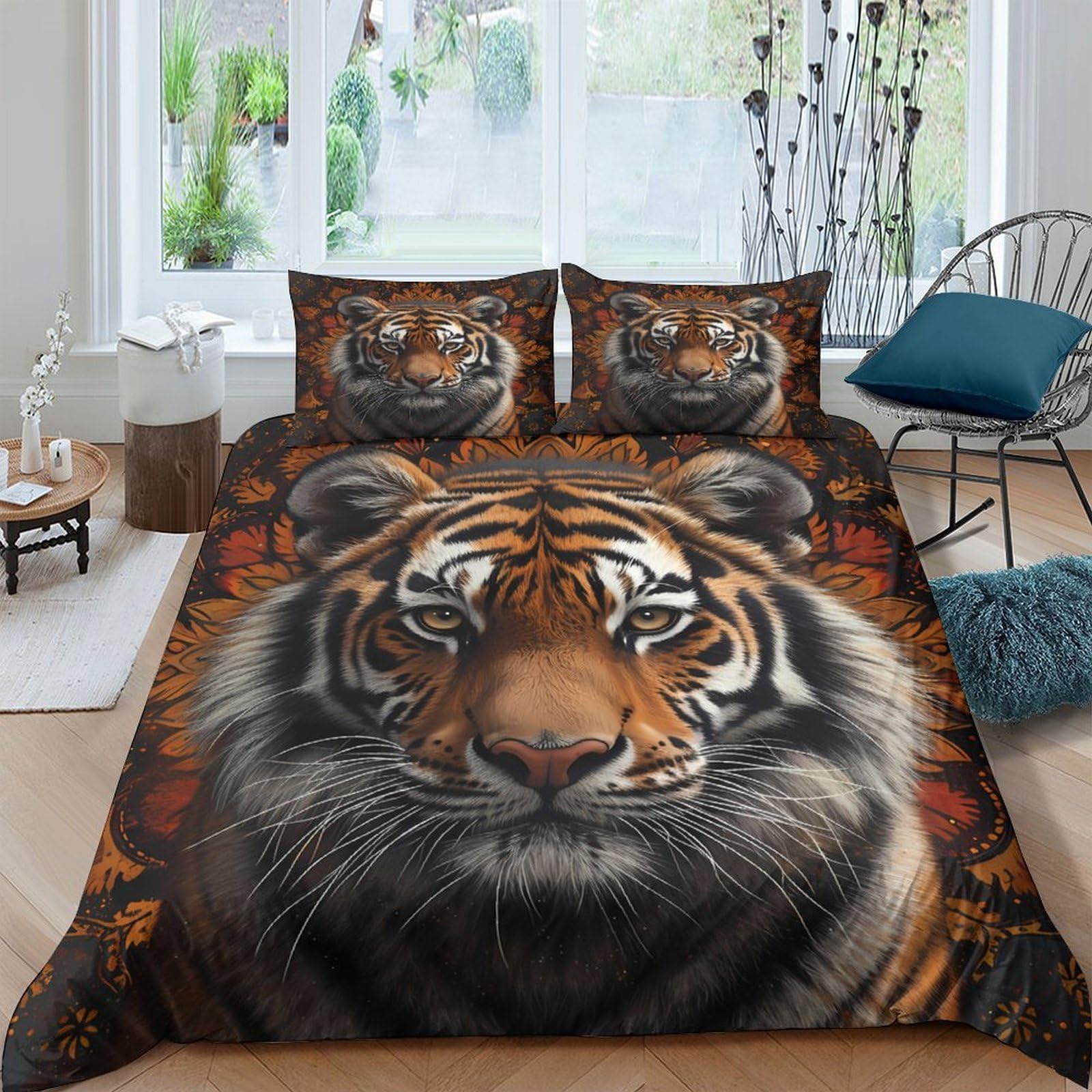 GPLZQXKJNH 3D Printed Tiger Face Duvet Cover Microfiber Soft Breathable Jungle Animal Bedding Set with 2 Pillowcases for Bedroom Décor Single（135x200cm）
