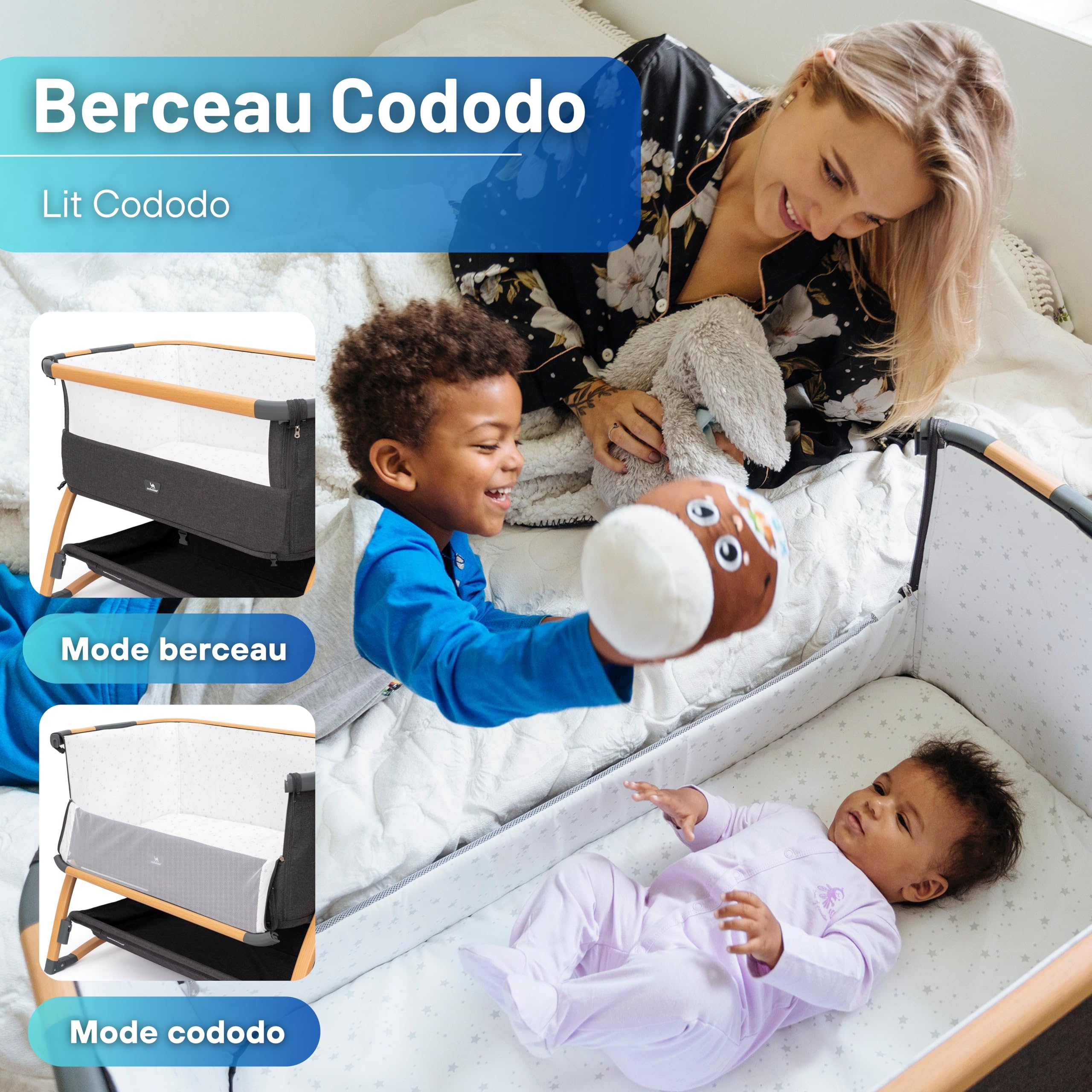 DROMADER Berceau Cododo Évolutif | Lit Bébé à roulettes, 7 Niveaux | Lit cododo, côté rabattable · Réglable sur 7 niveaux · Matelas fourni · Cadre bois à roulettes · Pliable