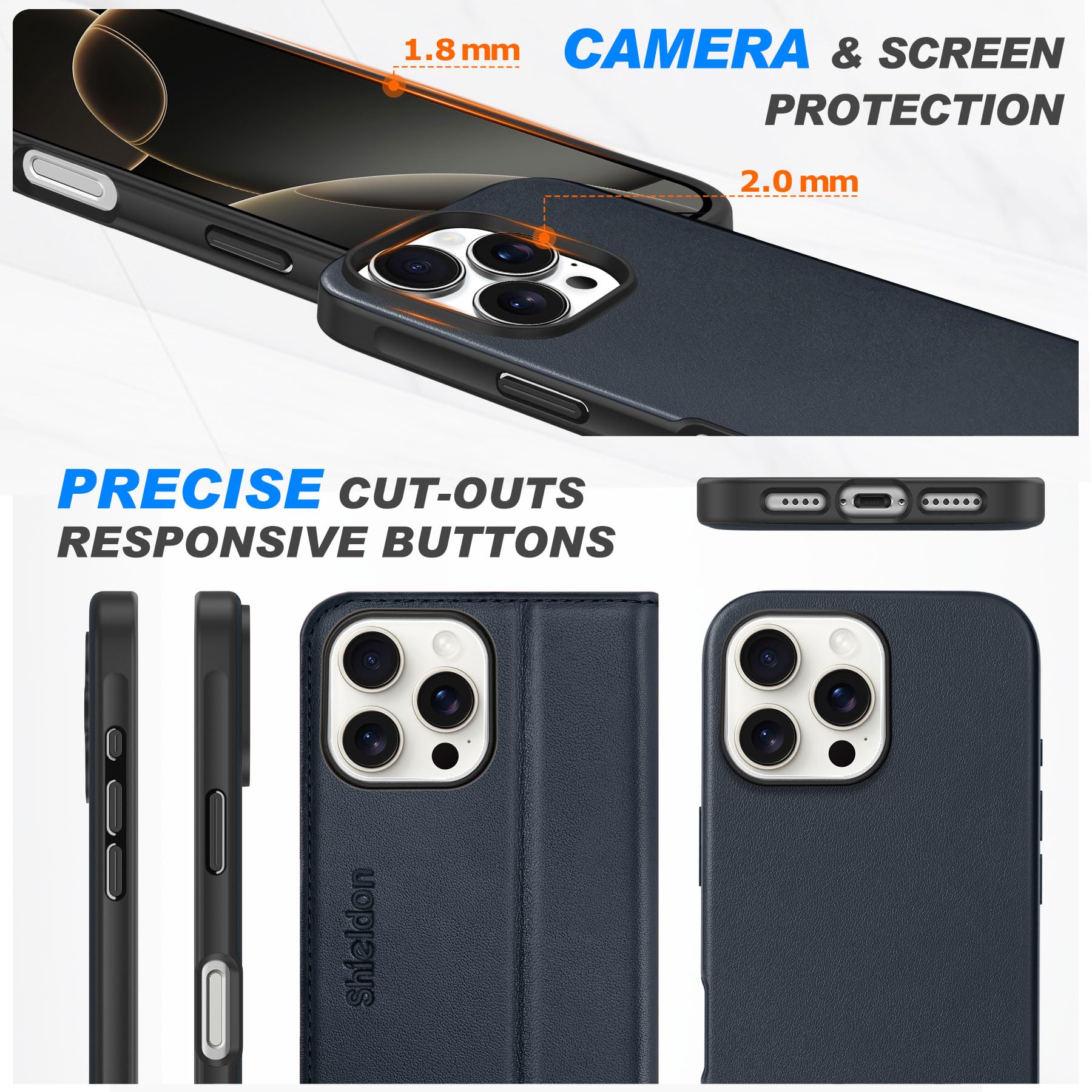 SHIELDON Etui do iPhone 16 Pro Max, Skórzane etui 2 w 1 z odpinanym portfelem i uchwytem na kartę Magnetyczne etui z klapką do ładowania bezprzewodowego kompatybilne z iPhone 16 Pro Max - granatowy