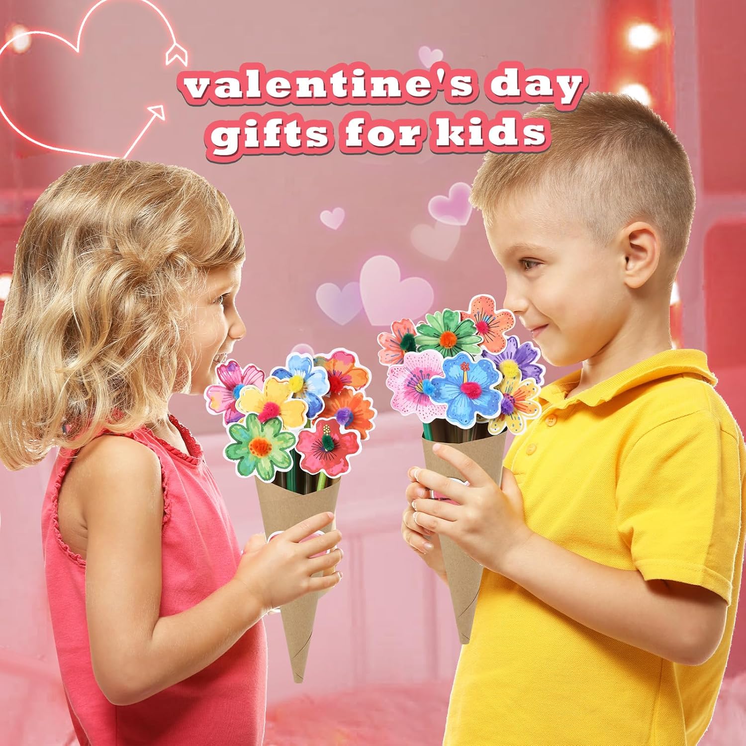 Lechidodo Valentine's Day Gifts for Kids - 24 Pack Valentine Craft Kit DIY Flower Bouquet Set, Valentine Craft Kits Home/Class Activities,Valentines Favors for Kids Classroom Gifts Exchange