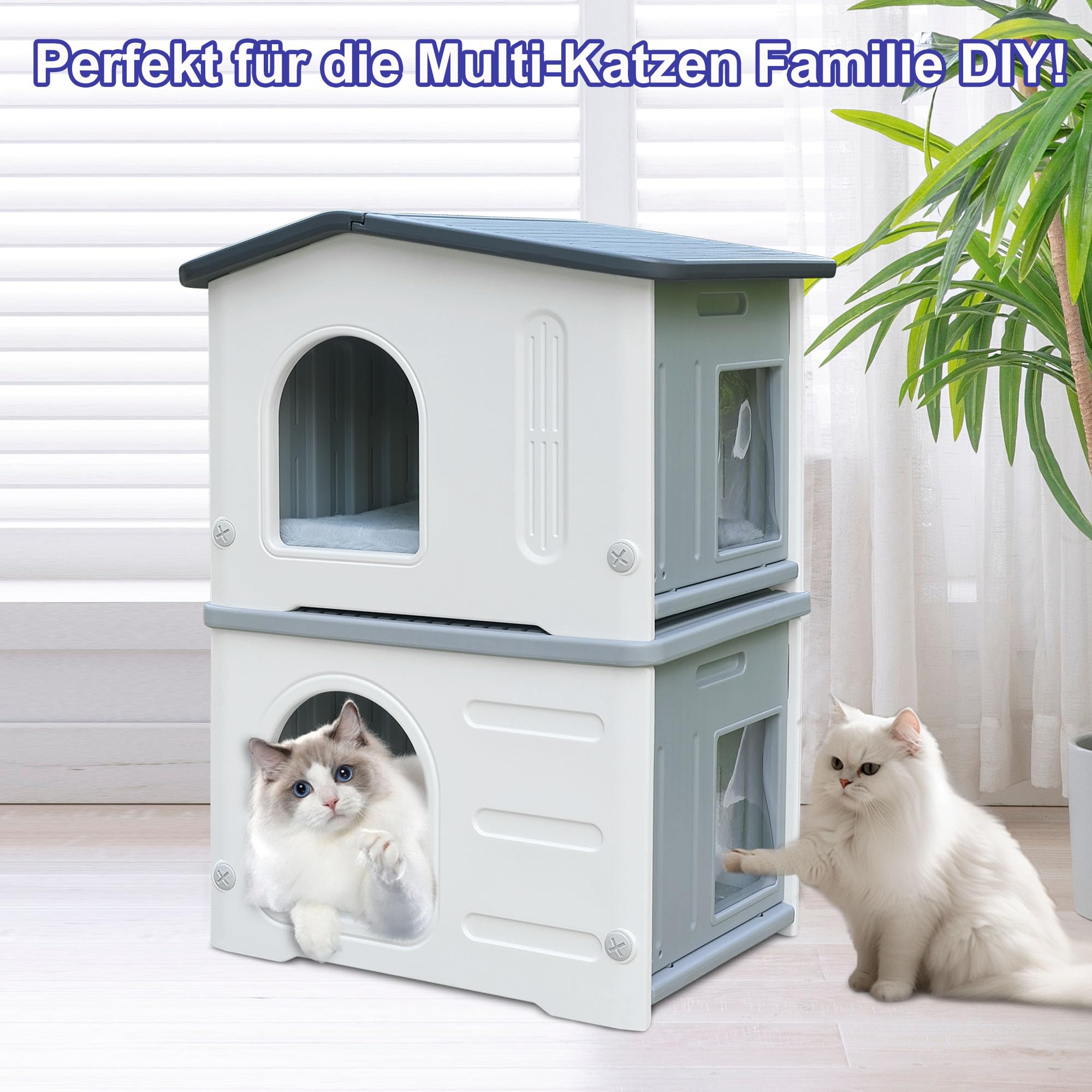 Caseta para gatos de interior de plástico salvaje - Casa al aire libre para gatos y cachorros - Gris