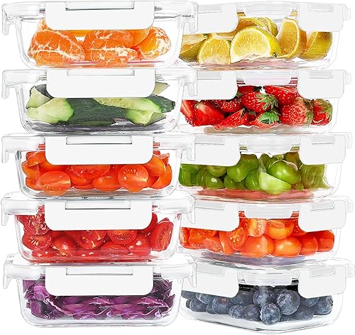 KOMUEE 10 paquetes de recipientes de vidrio de 22 onzas para preparación de comidas, recipientes de vidrio para almacenamiento de alimentos con