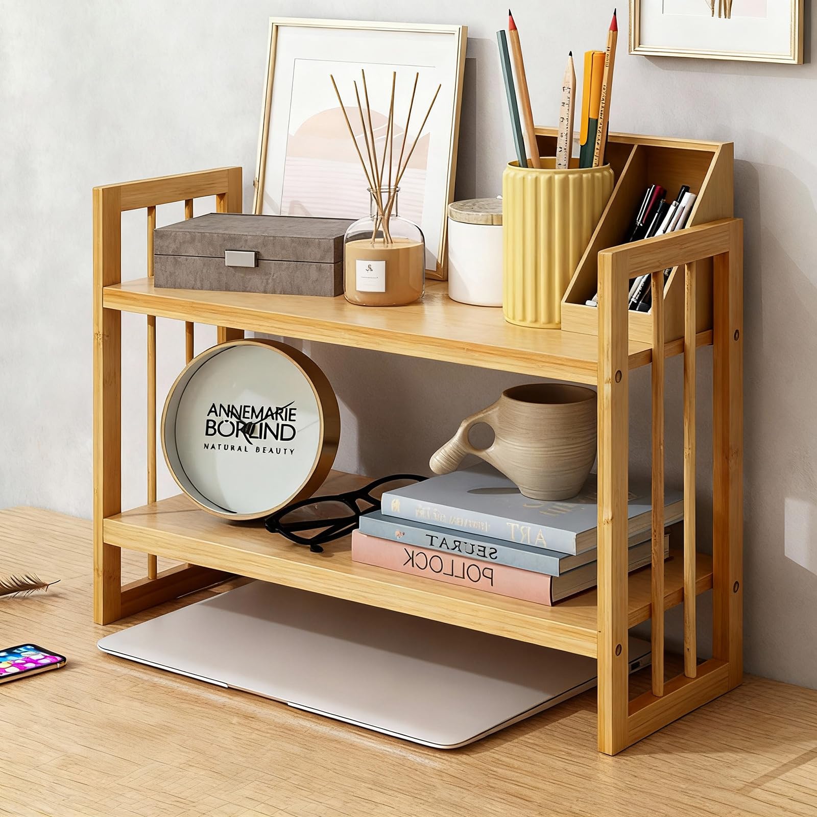 EIUTQRU Desktop Shelf Organizer, 2 Tier Bamboo Desk Bookshelf, Desk Top Storage Rack for Office, Dorm, or Bedroom Decor, Small Tabletop Shelf for Books, Plants & Accessories