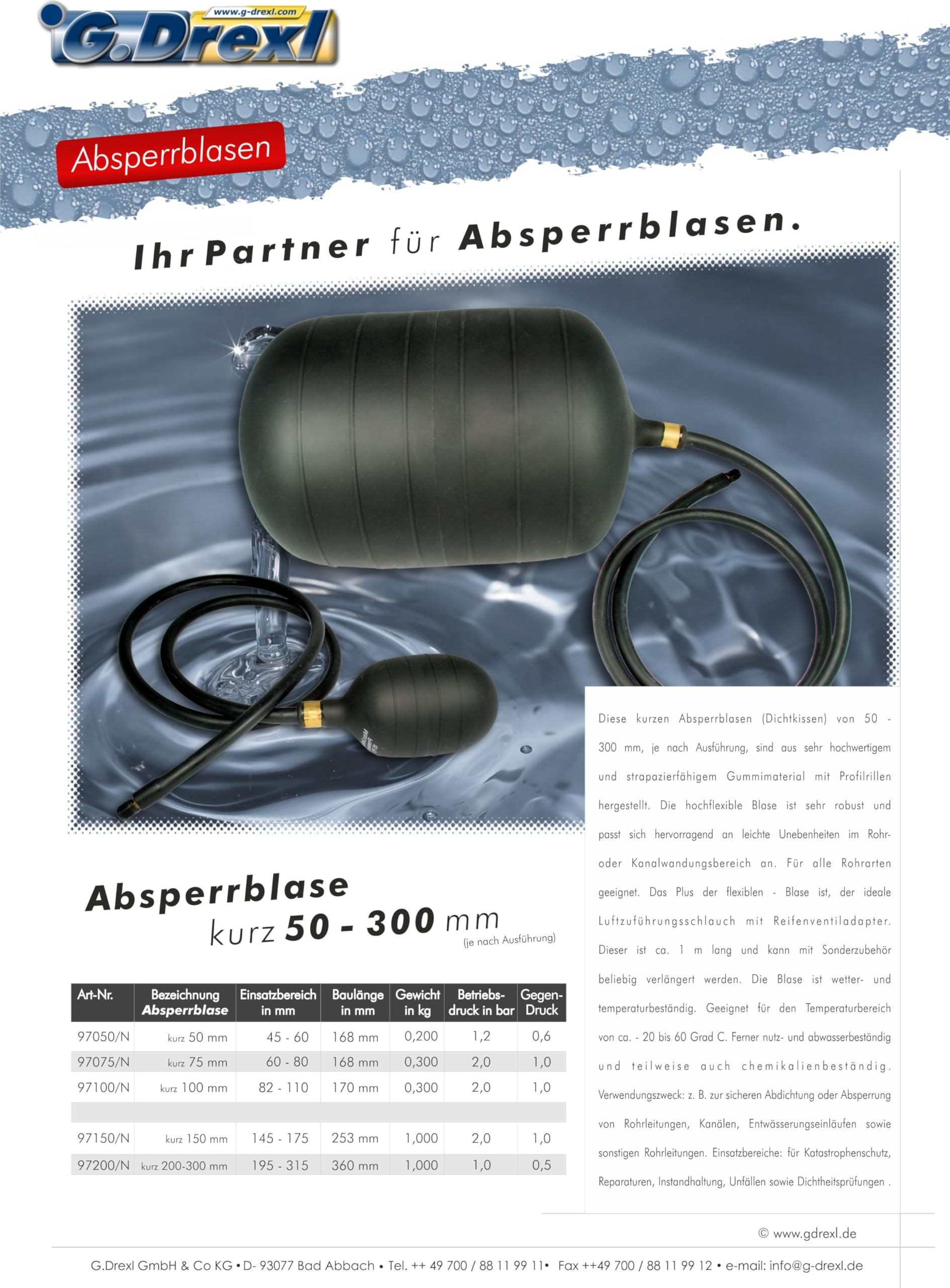 Drexl Absperrblase kurz 150 mm Ø für Rohrdurchmesser 146–175 mm – Pipe Plug, Testplug, Dichtkissen, Rohrdichtkissen mit Reifenventiladapter