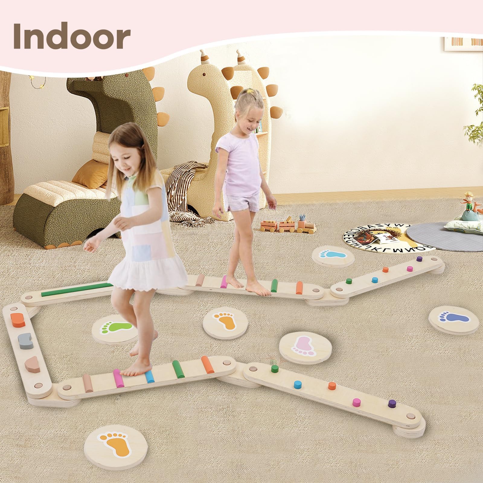 Juego de vigas de equilibrio de madera para niños de 3 a 6 años, 6 piezas de barras de equilibrio Montessori con piedras escalonadas, equipo de entrenamiento para interiores y exteriores