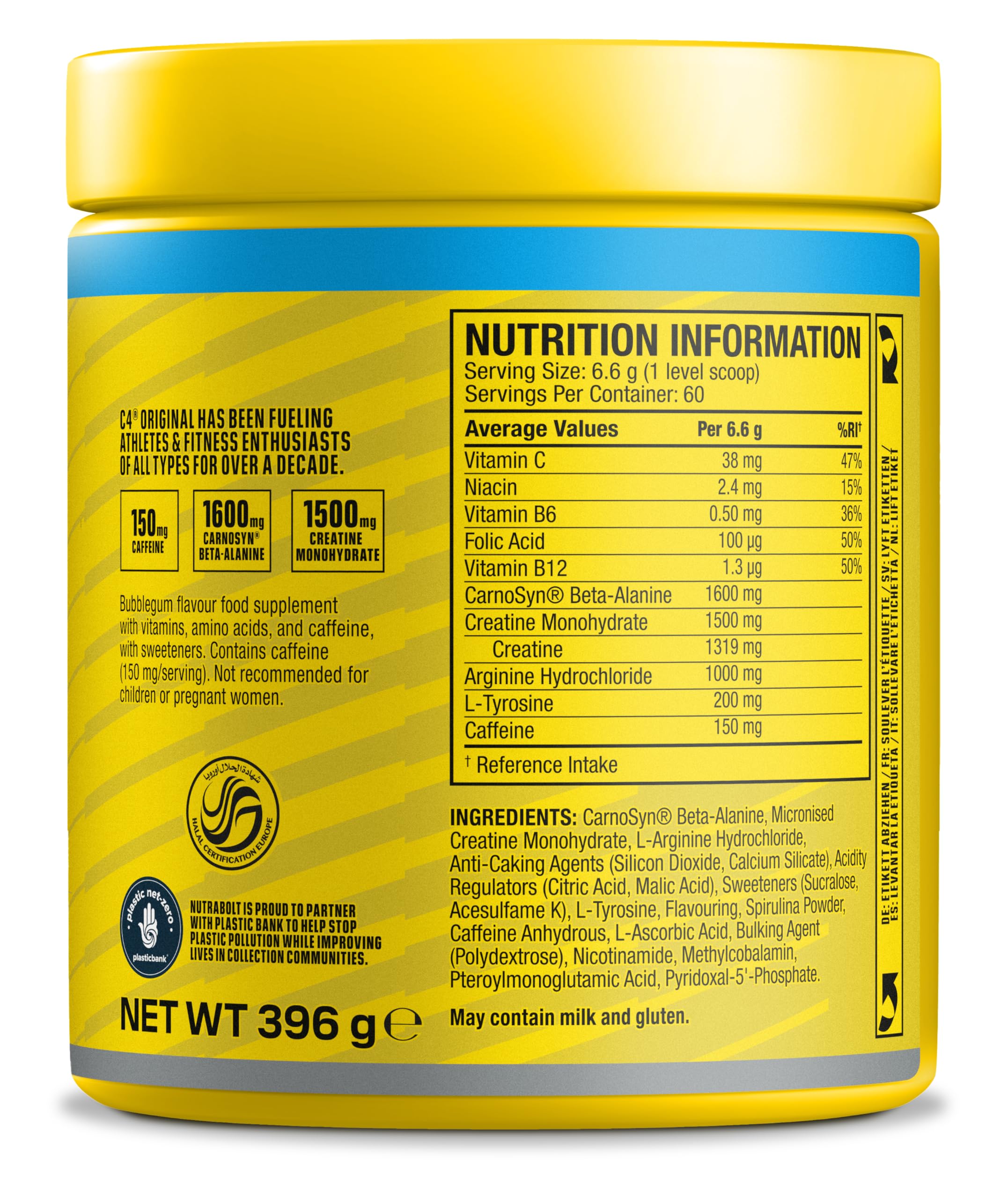 Cellucor C4 Original Pre Workout Powder, Bubblegum, 60 portions | Boisson énergétique en poudre sans sucre avec 150mg de caféine, 1500mg de créatine monohydrate, 1600mg de bêta-alanine.