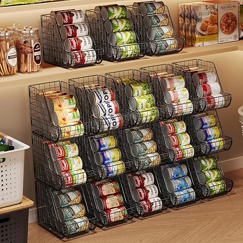 Miniatura 7 de X-cosrack Organizador de latas apilable para despensa, paquete de 3, contenedores de almacenamiento de dispensador de pie, cesta de alambre de