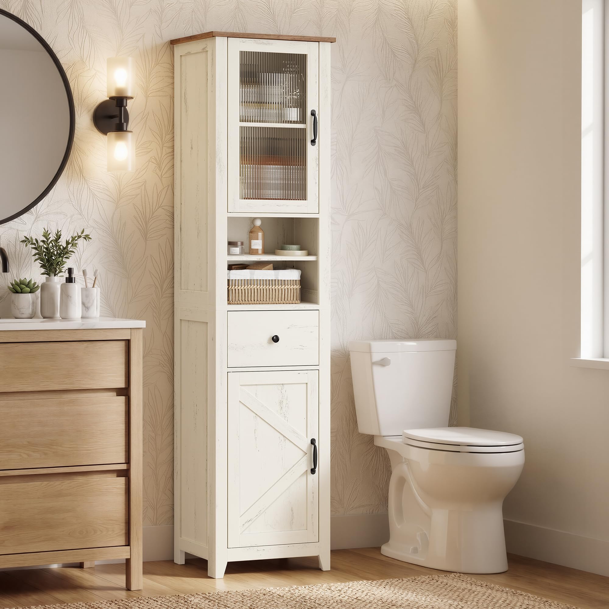 VASAGLE LIRY Collection - Armoire Salle de Bain Style Campagne, Meuble de Rangement Mince, Compartiments Ouverts, 1 Tiroir, avec Portes, Blanc Rustique et Marron Miel, 31,5 x 40 x 171 cm BBK760W101