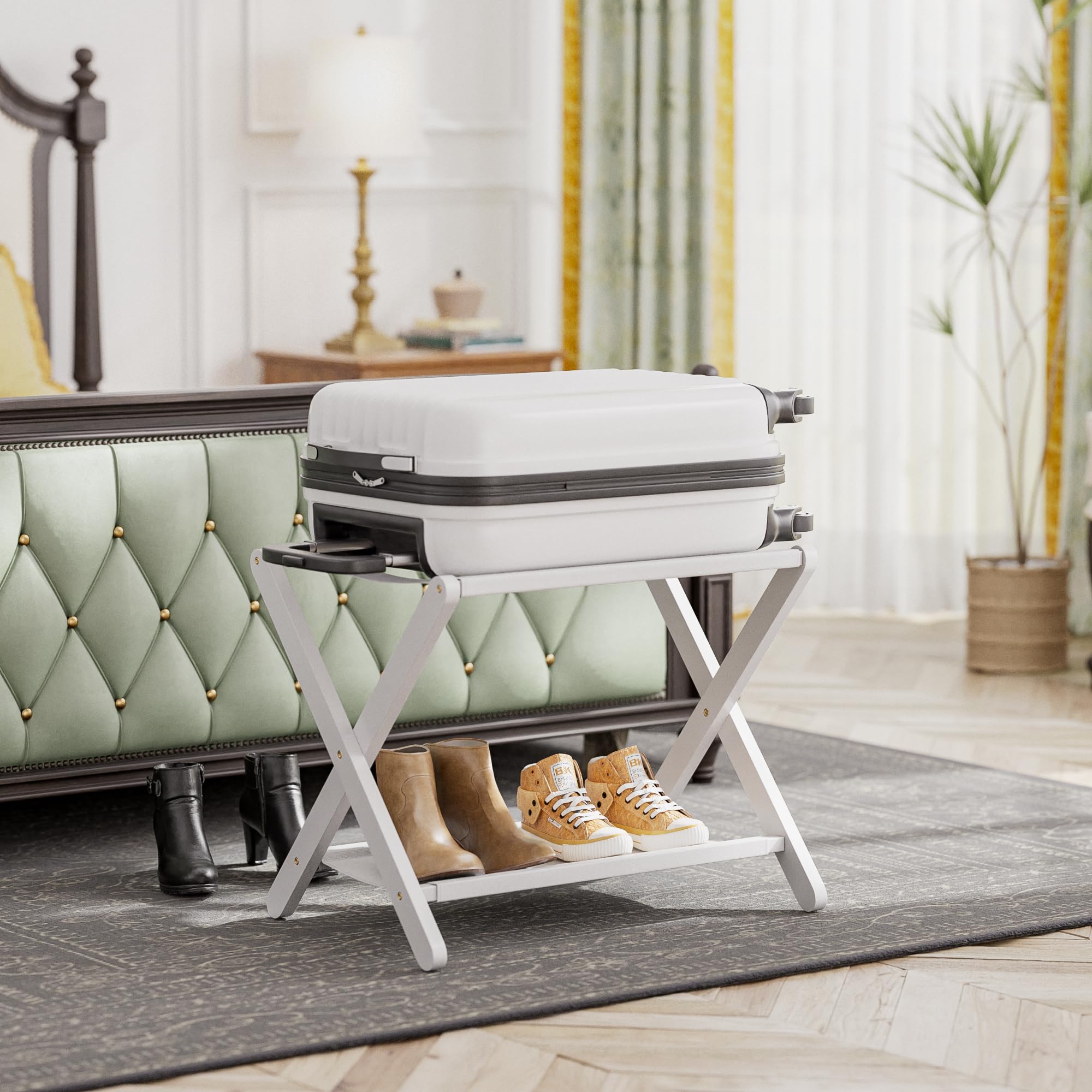 Portaequipajes, Juego de 2, Soporte plegable para maletas con estante de almacenamiento, Portaequipajes de bambú premium para habitación de invitados, hotel, Soporta hasta 61 kg (Blanco)