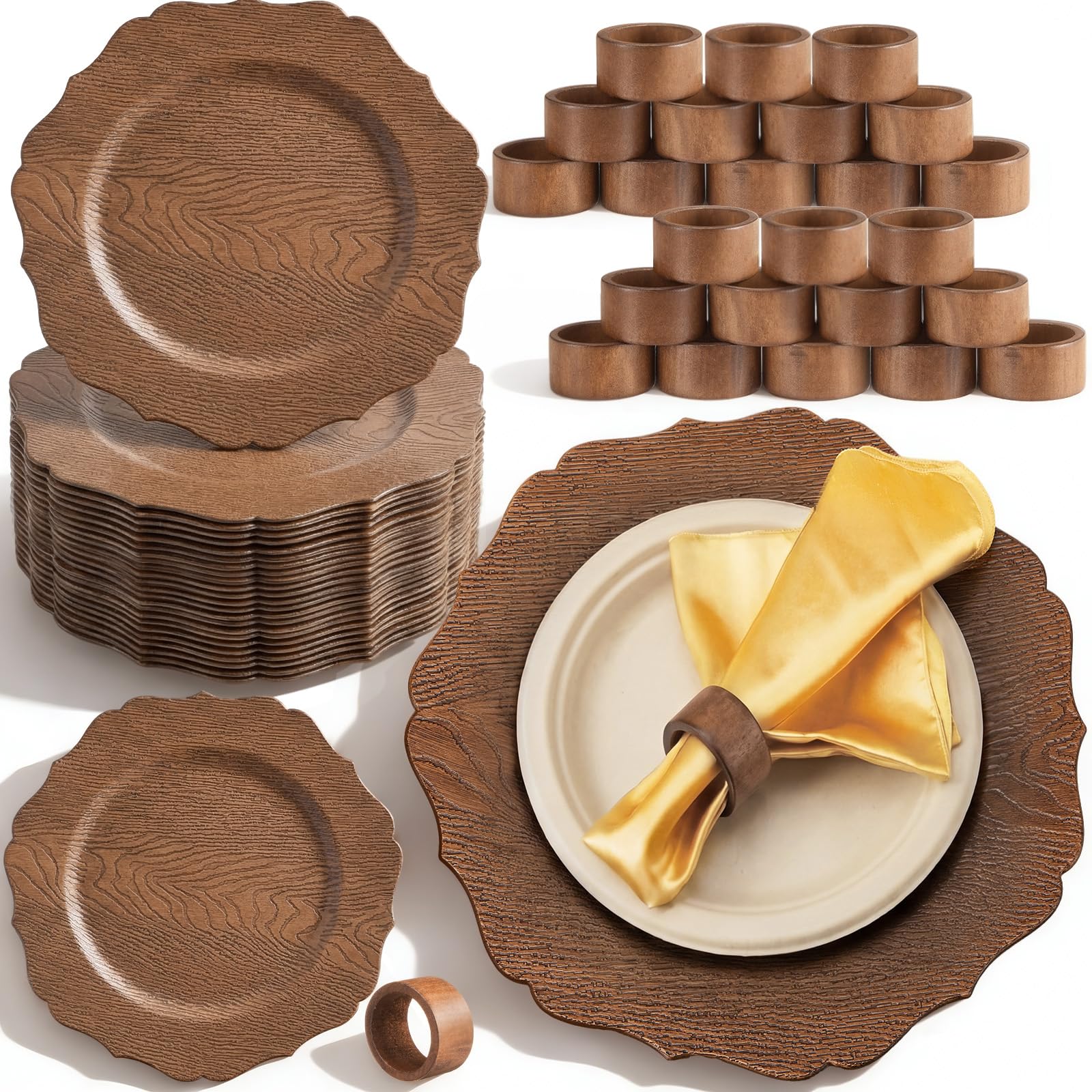Photo 1 of 13" Wooden Textured Acrylic Charger Plates with Napkin Ring,Brown,48 Pcs