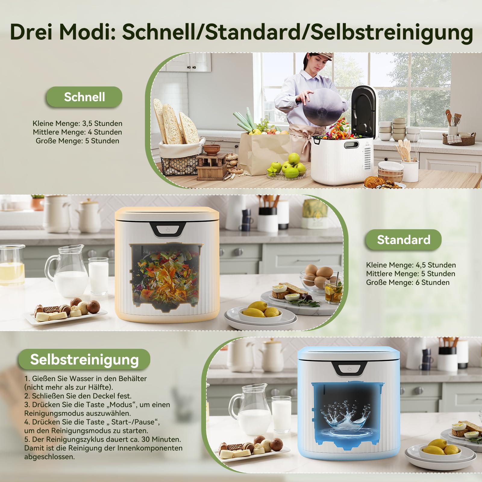 Fullwatt Elektrischer Komposter 3.3L Geruchsfreier Komposter Elektro-Schnellkomposter mit 2 Kohlenstofffilter Komposteimer & LED-Anzeige für Organisches Material & Lebensmittelreste Selbstreinigend
