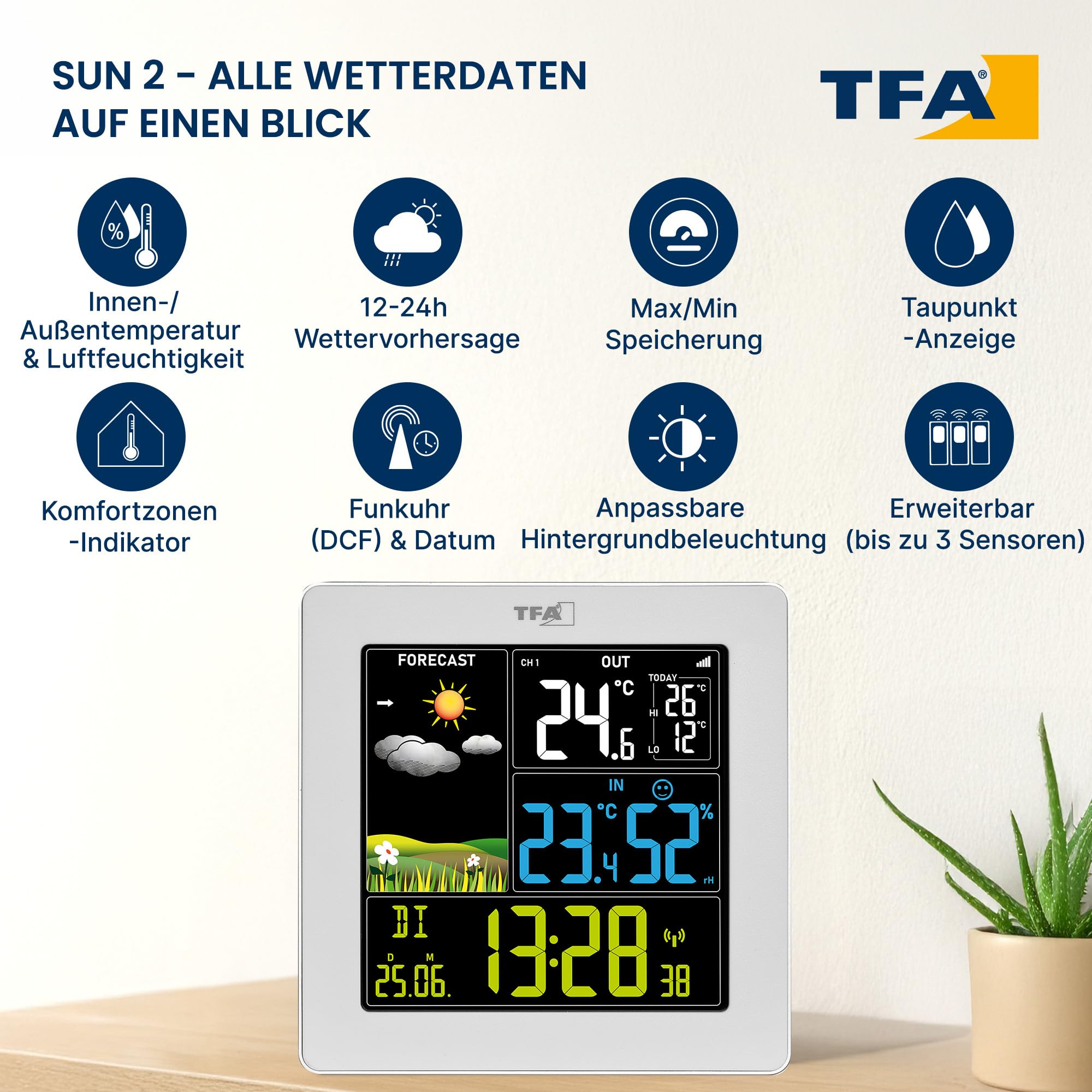 TFA Dostmann Digitale Funk Wetterstation SUN2, Außensensor, Farbdisplay, Hygrometer, weiß