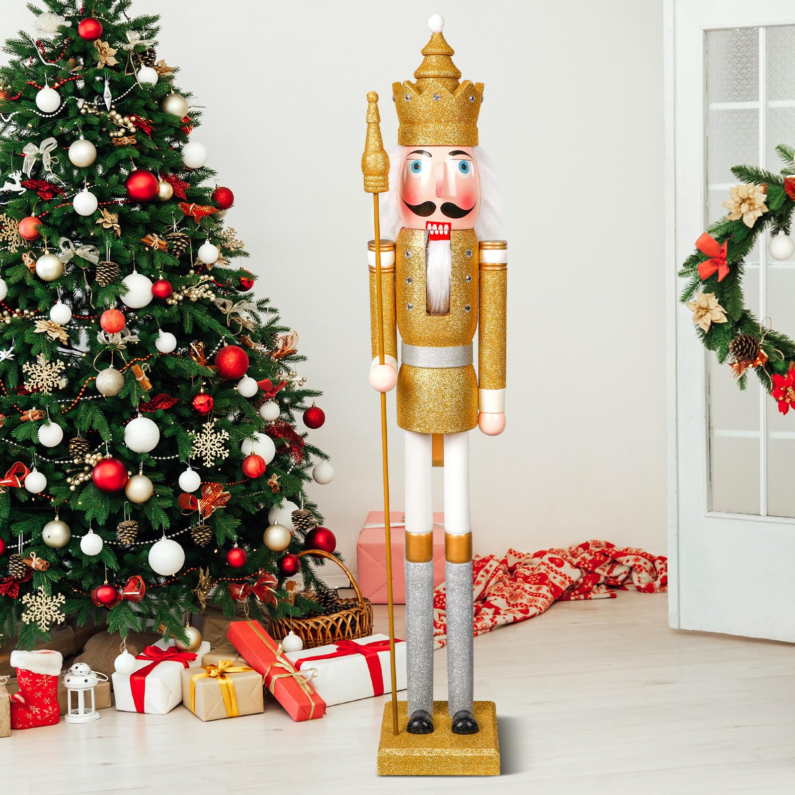 Liliful 48 Inch 4 ft Tall Life Size Christmas Nutcracker King Giant Wooden Soldier with Golden Scepter Nutcracker Statue for Indoor Outdoor Xmas Commercial Decor (Glitter King)