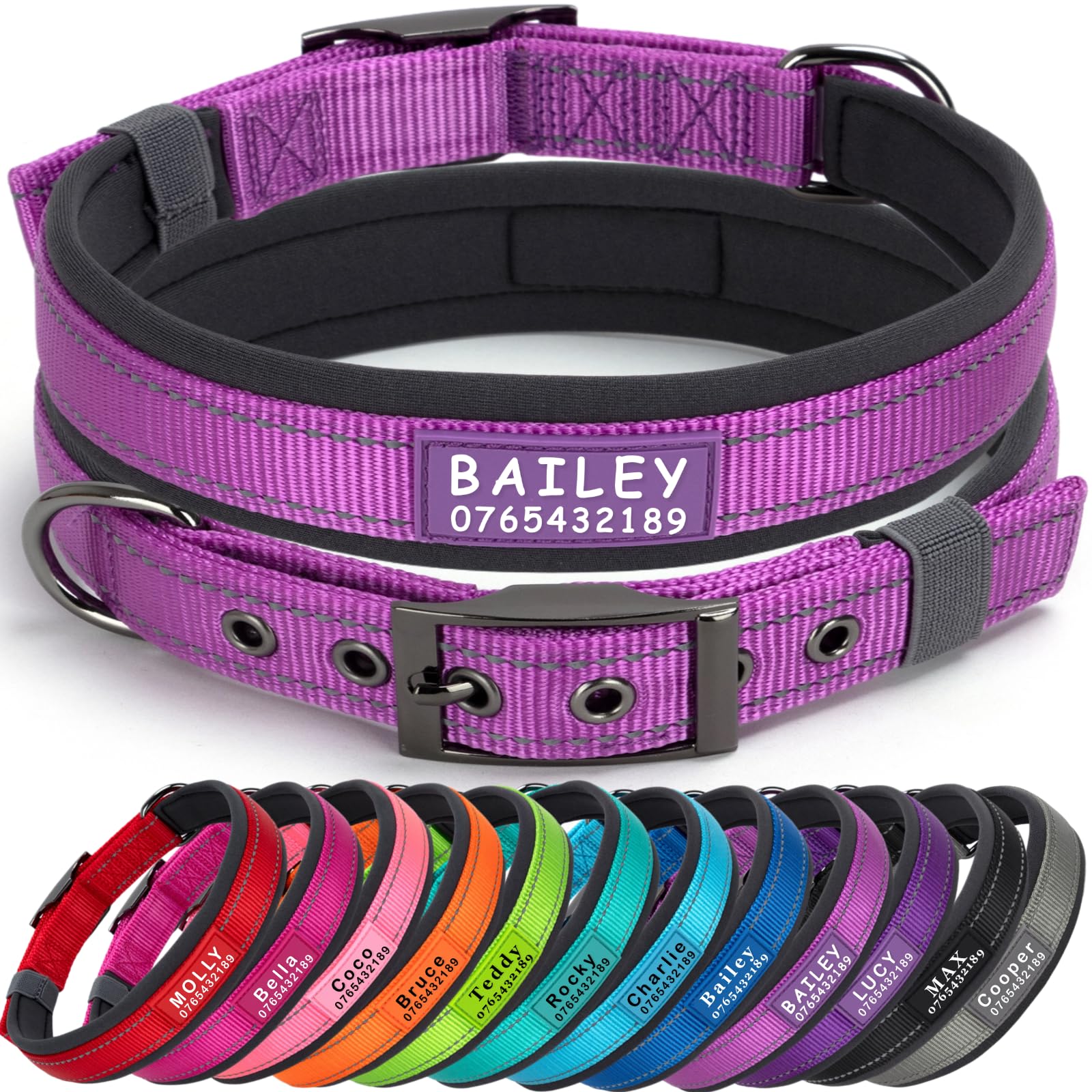 SEOUGEE Personalised Dog Collar with Name and Phone Number | Durable Metal Buckle | Ultra Wide Soft Neoprene Padded | Adjustable Reflective Dog Collar for Small Medium Dogs (M, Purple 37-47cm)