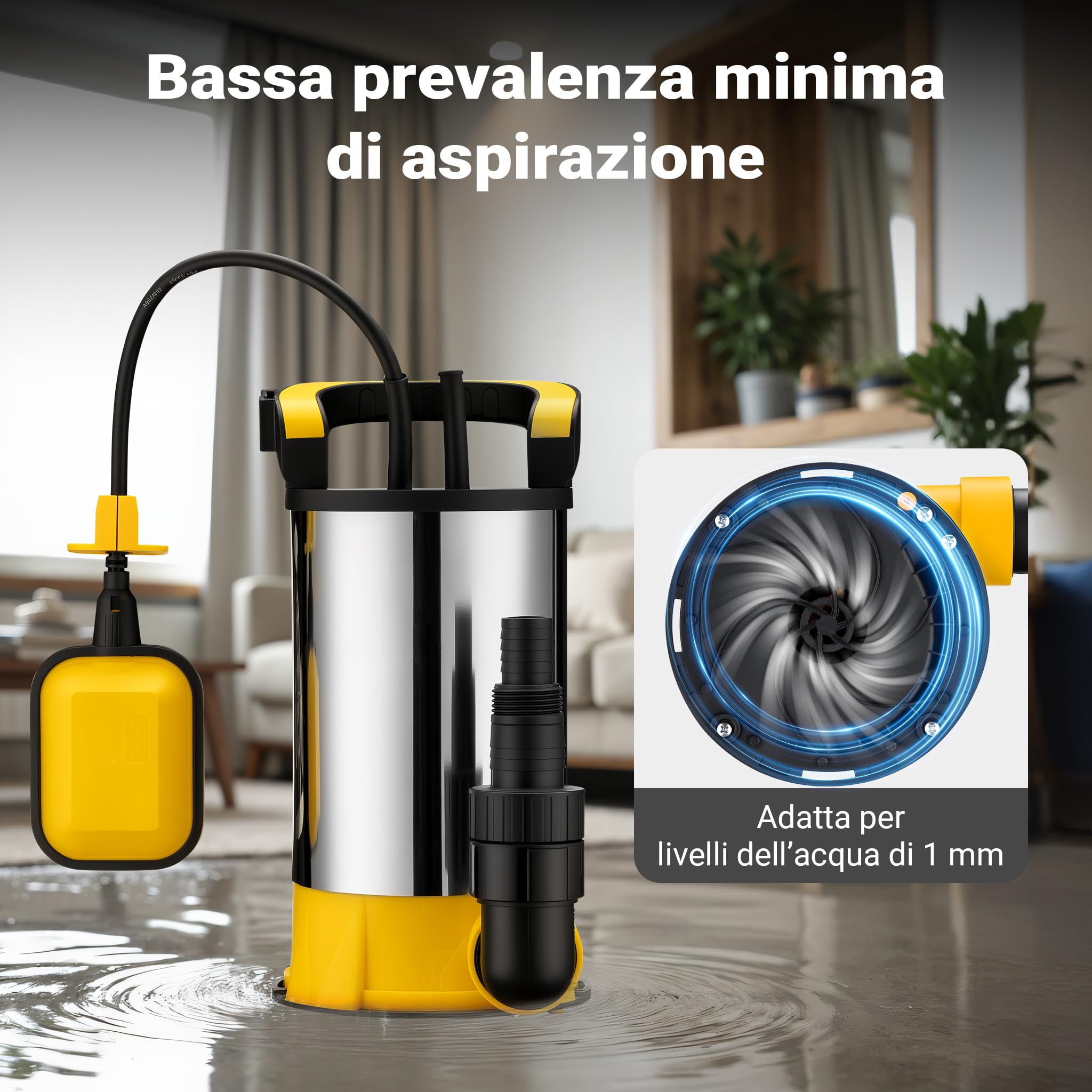 Wiltec Pompa sommersa, 850W 15000 l/h, profondità max 7 m, Elettropompa a immersione per pozzi e cisterne