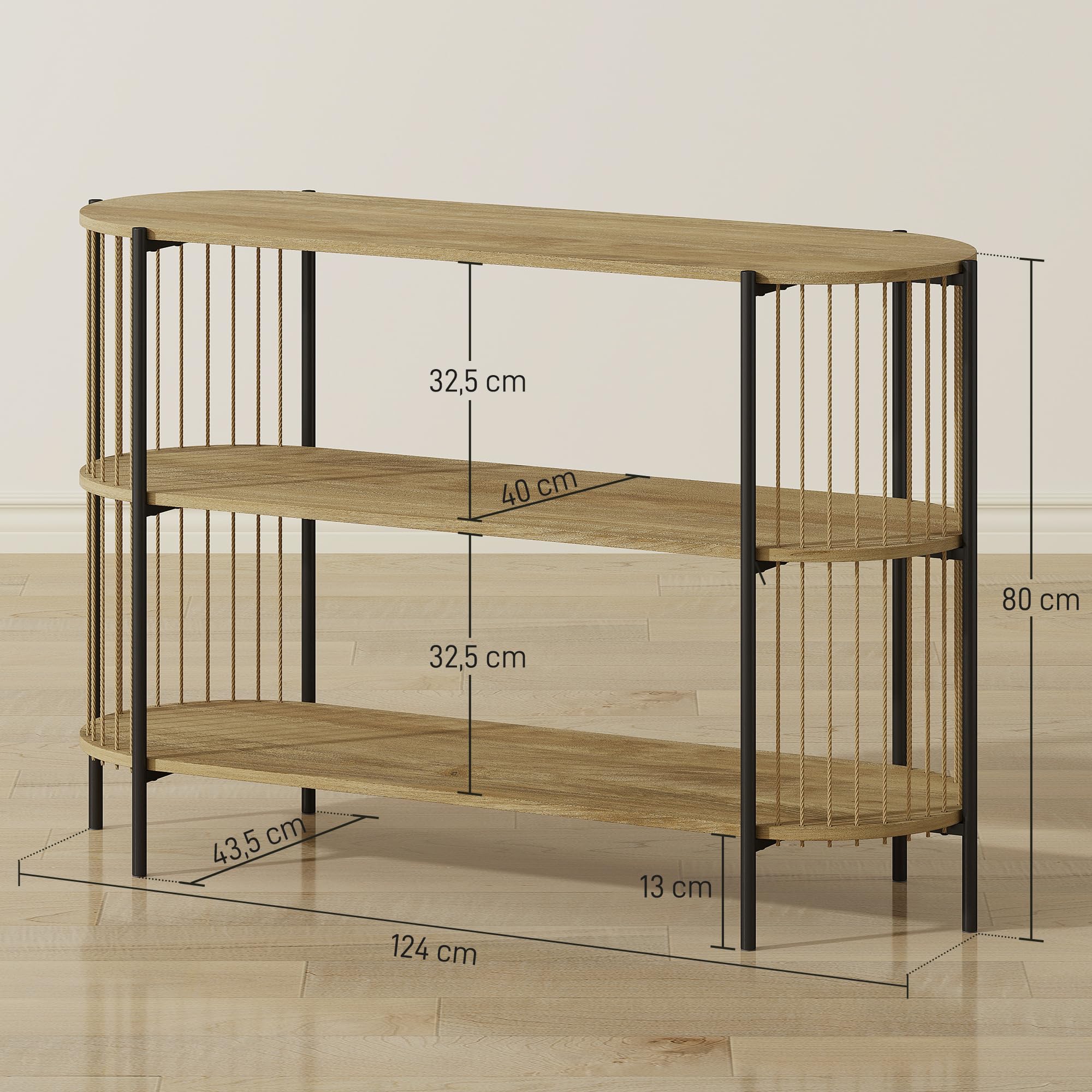 HOMCOM Mesa de Consola Consola Recibidor 124x43,5x80 cm Natural | Cuerda de Papel Trenzada a Mano, 3 Niveles, Marco de Acero, Estilo Bohemio, para Entrada Sala de Estar