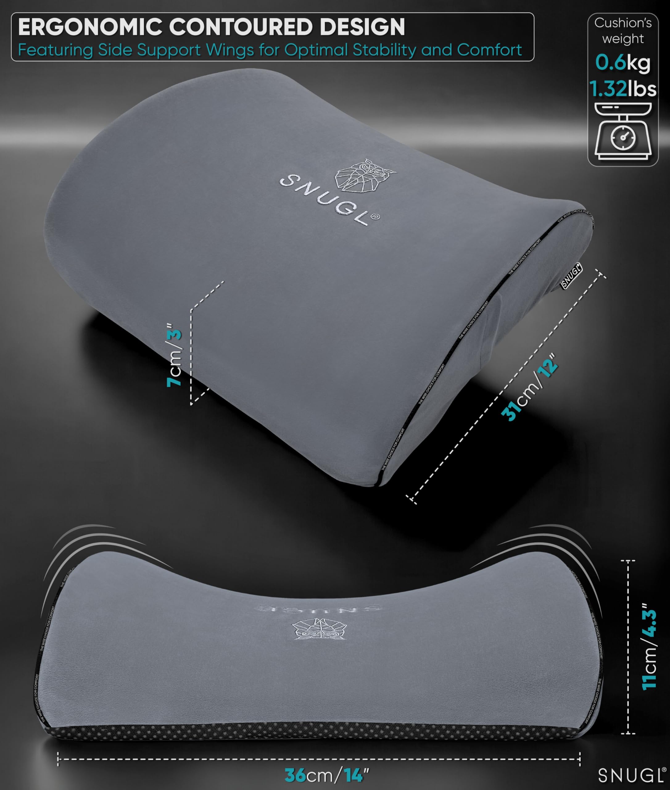 SNUGL Cuscino Lombare Supporto Schiena per Sedia da Ufficio | Cuscino Ortopedico in Memory Foam | Correttore Postura Uomo Donna | Cuscino Sedile Auto | Accessorio Ergonomico per Ufficio