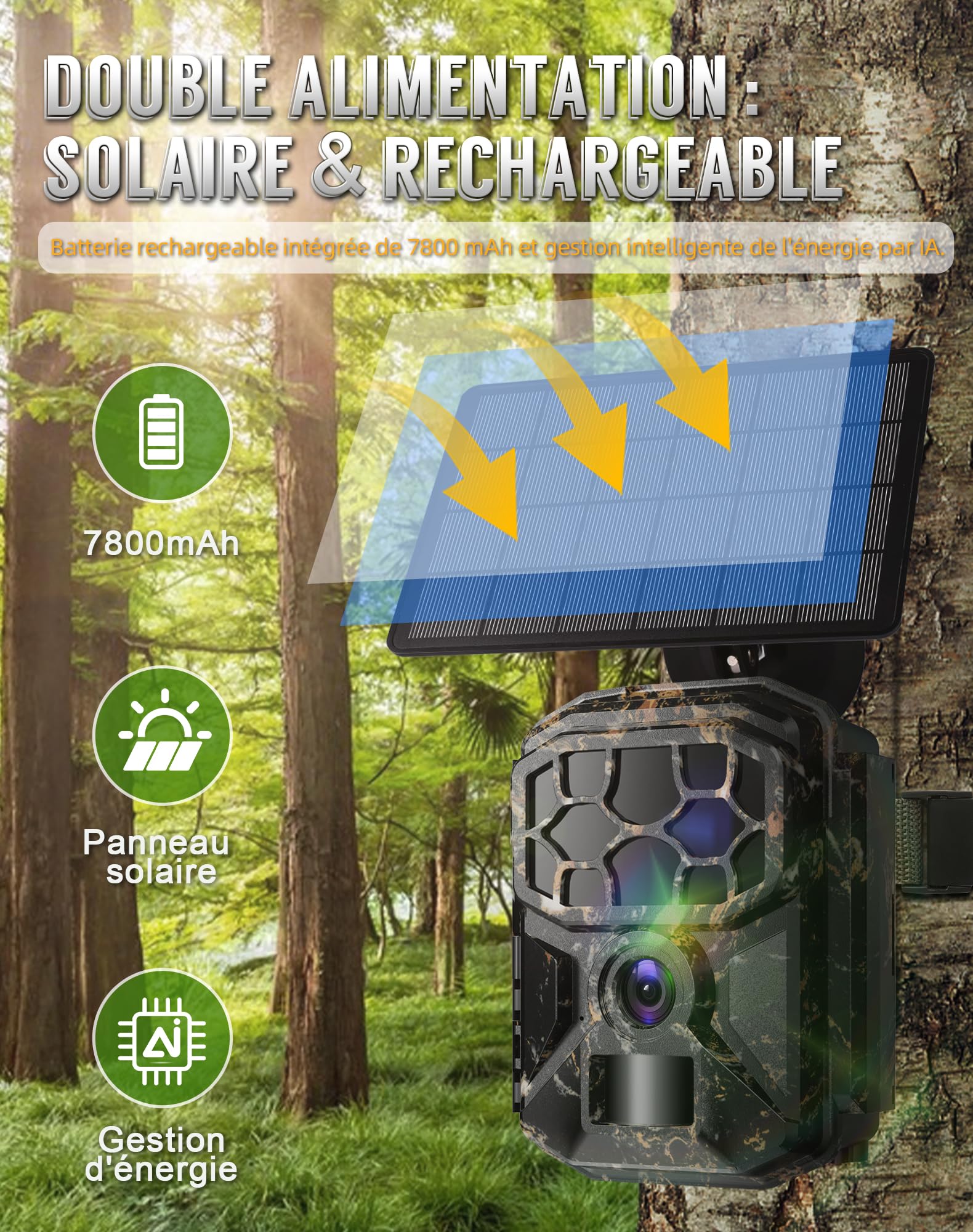 Caméra de chasse - Solaire 8K 60MP WiFi camera animaux,activation par mouvement en 0,1 seconde, portée de détection de 19,8 mètres, vision nocturne HD sans émission de lumière, résistance à l'eau IP66