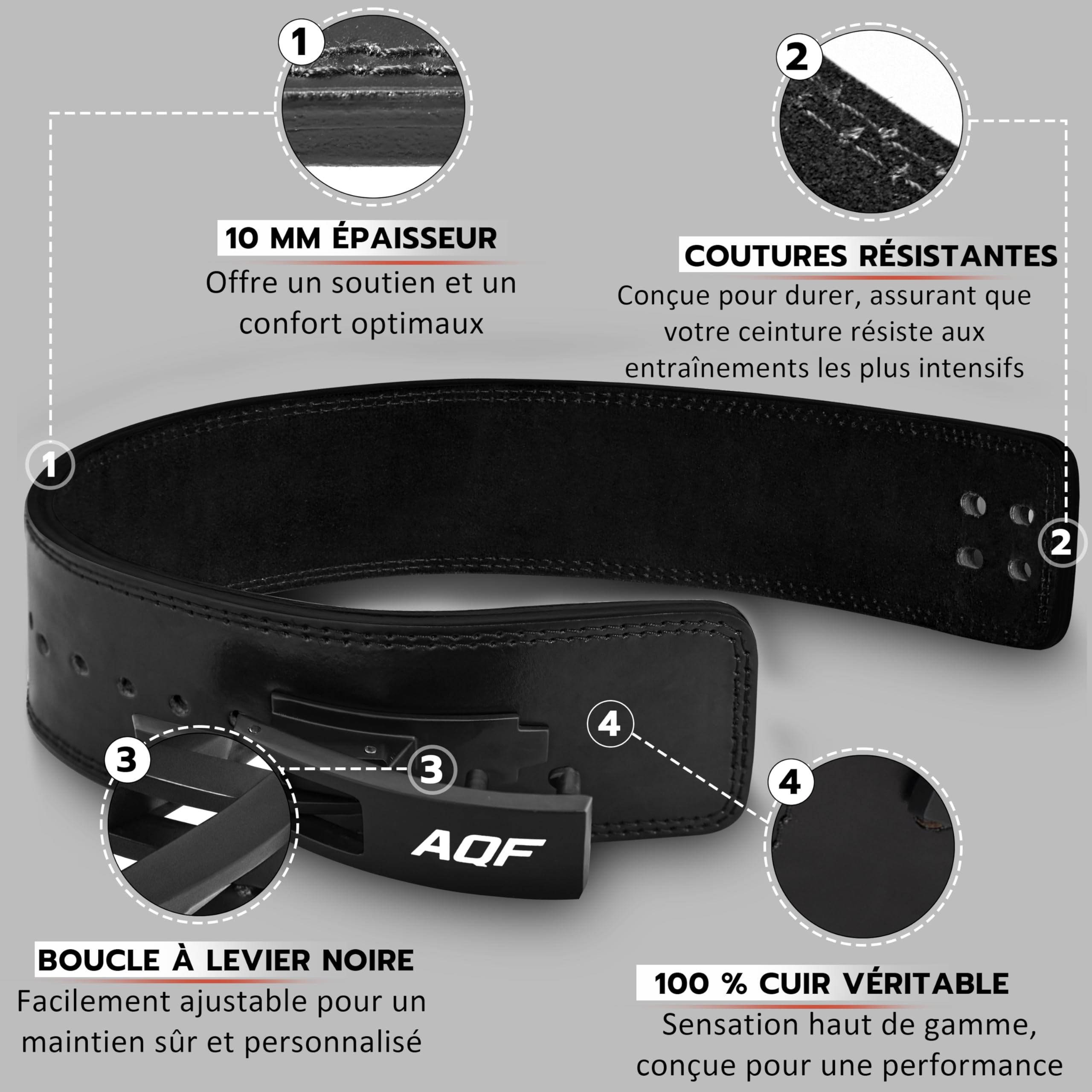 AQF Ceinture Musculation Levier, Cuir 10mm 4", Approuvée IPL & USPA