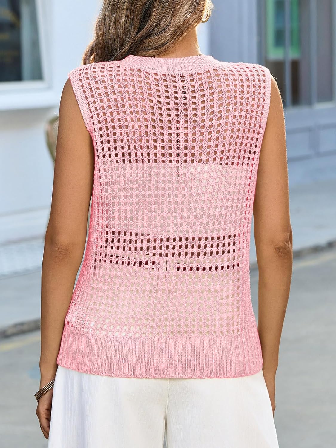 Fisoew Womens Summer Crochet Tank Tops Sleeveless Scoop Neck Loose Knit Sweater Vest Boho Hollow Out Beach Cover Ups - Image 5