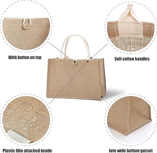 Miniatura 3 de Bolsas de yute para playa, 14.5 x 6.7 x 10.2 pulgadas, juego de 6 bolsas de arpillera con cierre de botón para playa, bricolaje, compras, HTV, dama