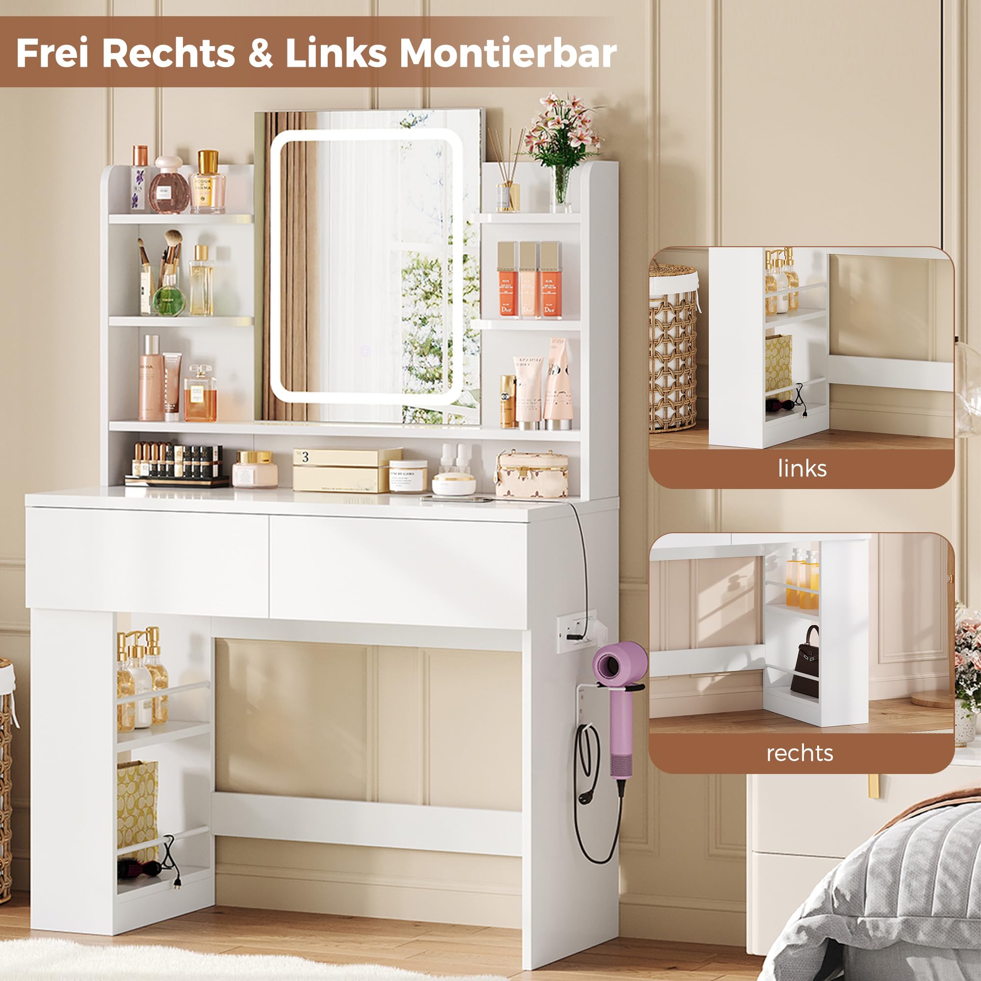 IRONCK Schminktisch mit Beleuchtung und LED-Spiegel, Kosmetiktisch mit Ladestation, 2 Schubladen, offene Seitenschrank, 3 Lichtmodi und Helligkeit Einstellbar, Frisiertisch für Schlafzimmer, Weiß