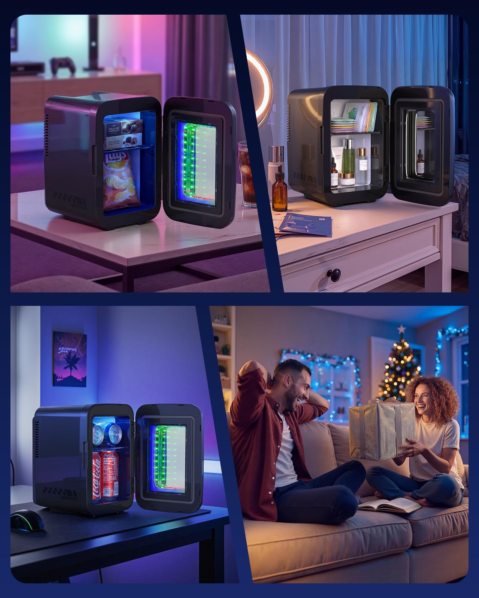 Upstreman Mini Kühlschrank 4L / 6 Dosen, Minikühlschrank mit LED-Beleuchtung, 12V/220V, Mini Kühlschrank Gaming, Schlafsaal, Büro & Auto, Schwarz,TR4-S