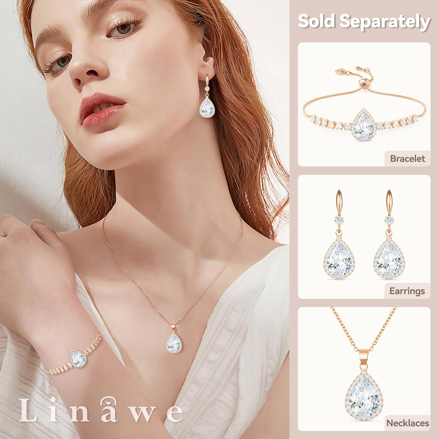 Linawe Imitation Diamond Dangle Earrings for Women Trendy, Rhinestone Drop Chandelier Earrings, Teardrop Crystal Cubic Zirconia Wedding Jewelry Set, 14K Gold/Rose Gold/Silver Tone - Image 3
